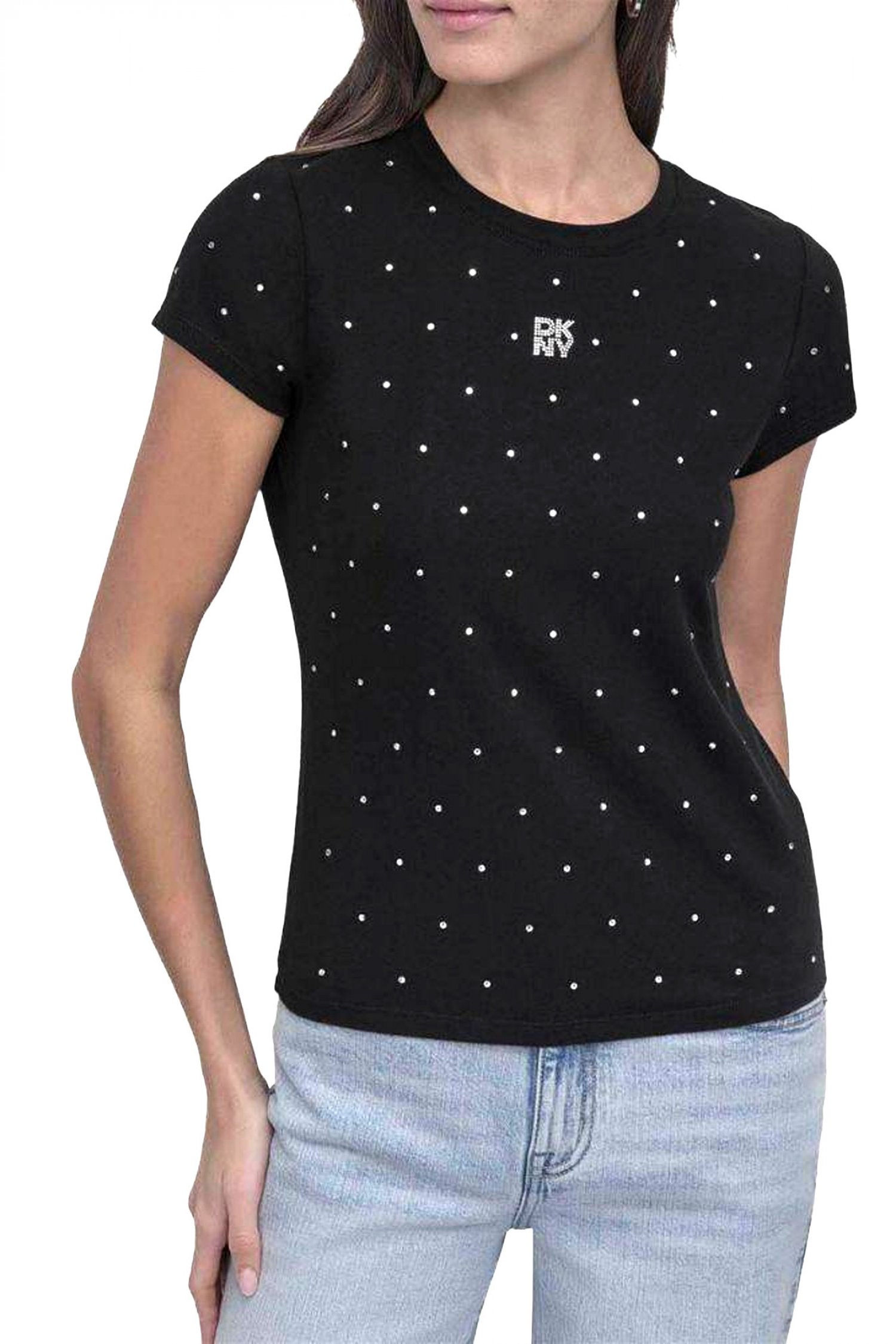 DKNY T-SHIRT CREW NECK LOGO STRASS ΜΑΥΡΟ