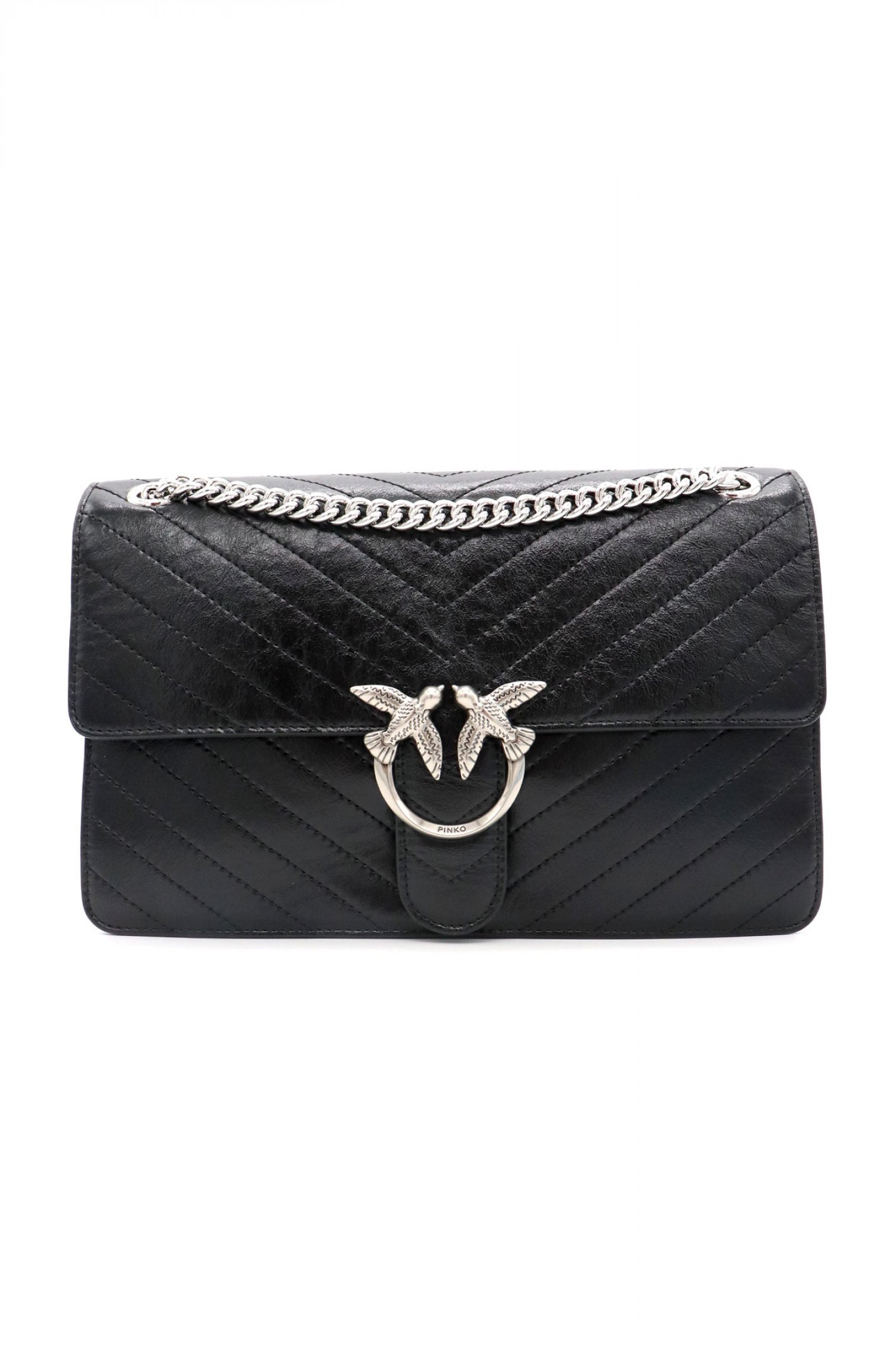 PINKO ΤΣΑΝΤΑ LOVE ONE LIGHT CLASSIC VITELLO WRINKLE FLAT CHEVRON ΜΑΥΡΟ