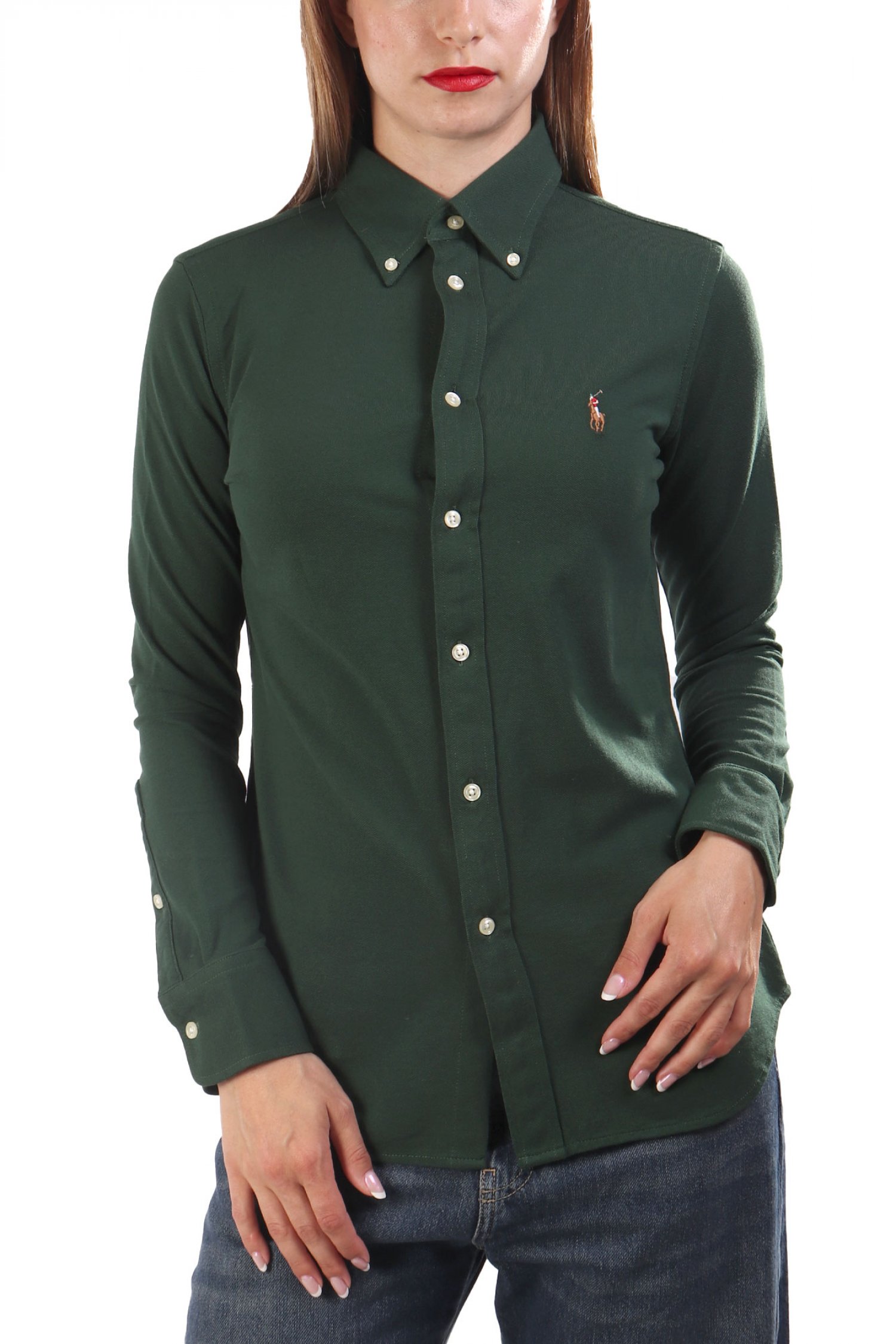 RALPH LAUREN ΠΟΥΚΑΜΙΣΟ CLASSICS KNIT BUTTON DOWN LOGO ΣΚΟΥΡΟ ΠΡΑΣΙΝΟ