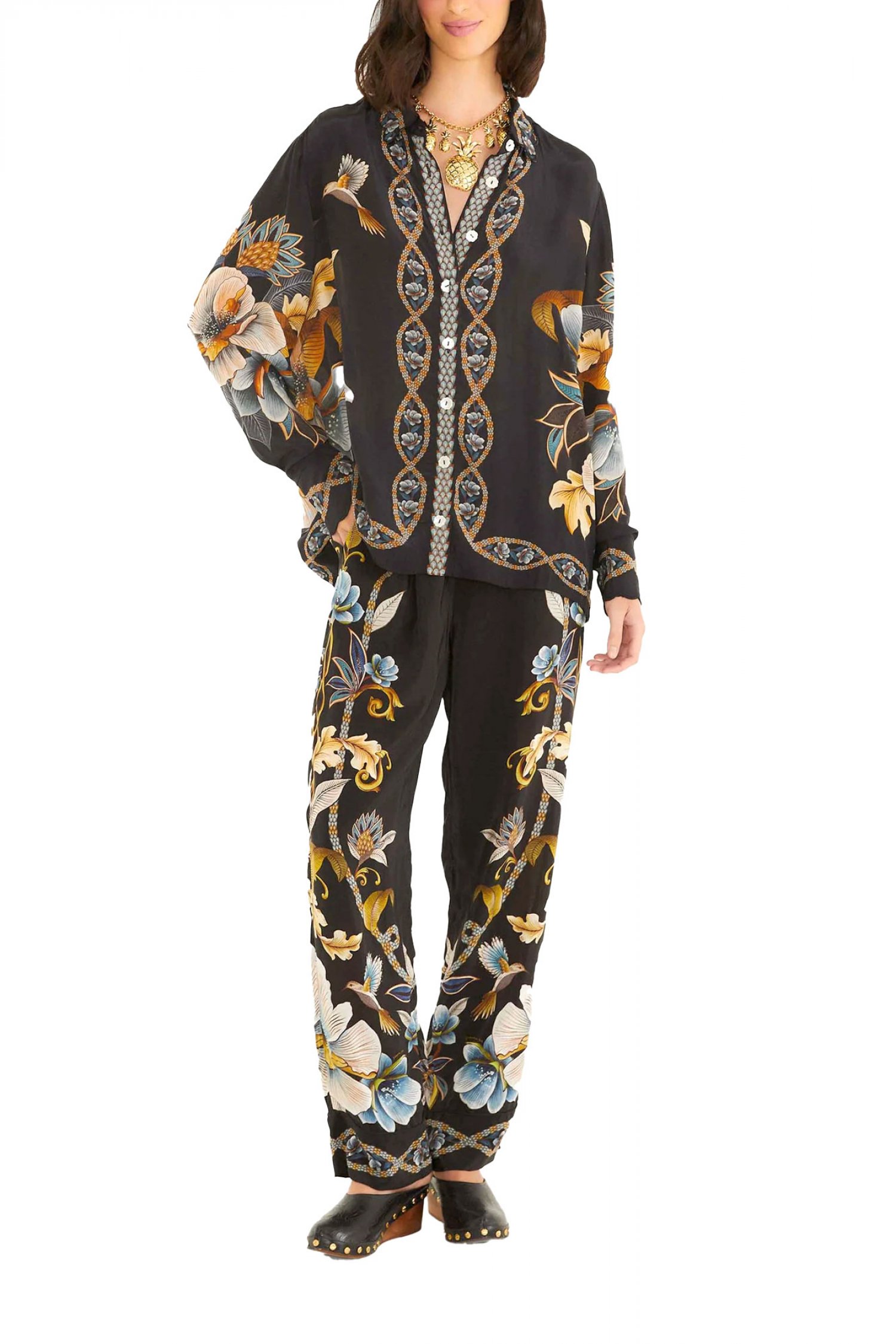 FARM RIO ΠΟΥΚΑΜΙΣΟ SNAKE FLORAL PAJAMA ΜΑΥΡΟ