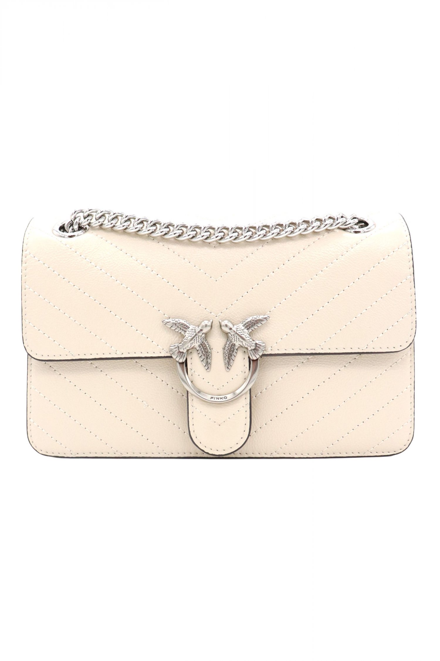 PINKO ΤΣΑΝΤΑ LOVE ONE LIGHT MINI VITELLO WRINKLE FLAT CHEVRON ΕΚΡΟΥ