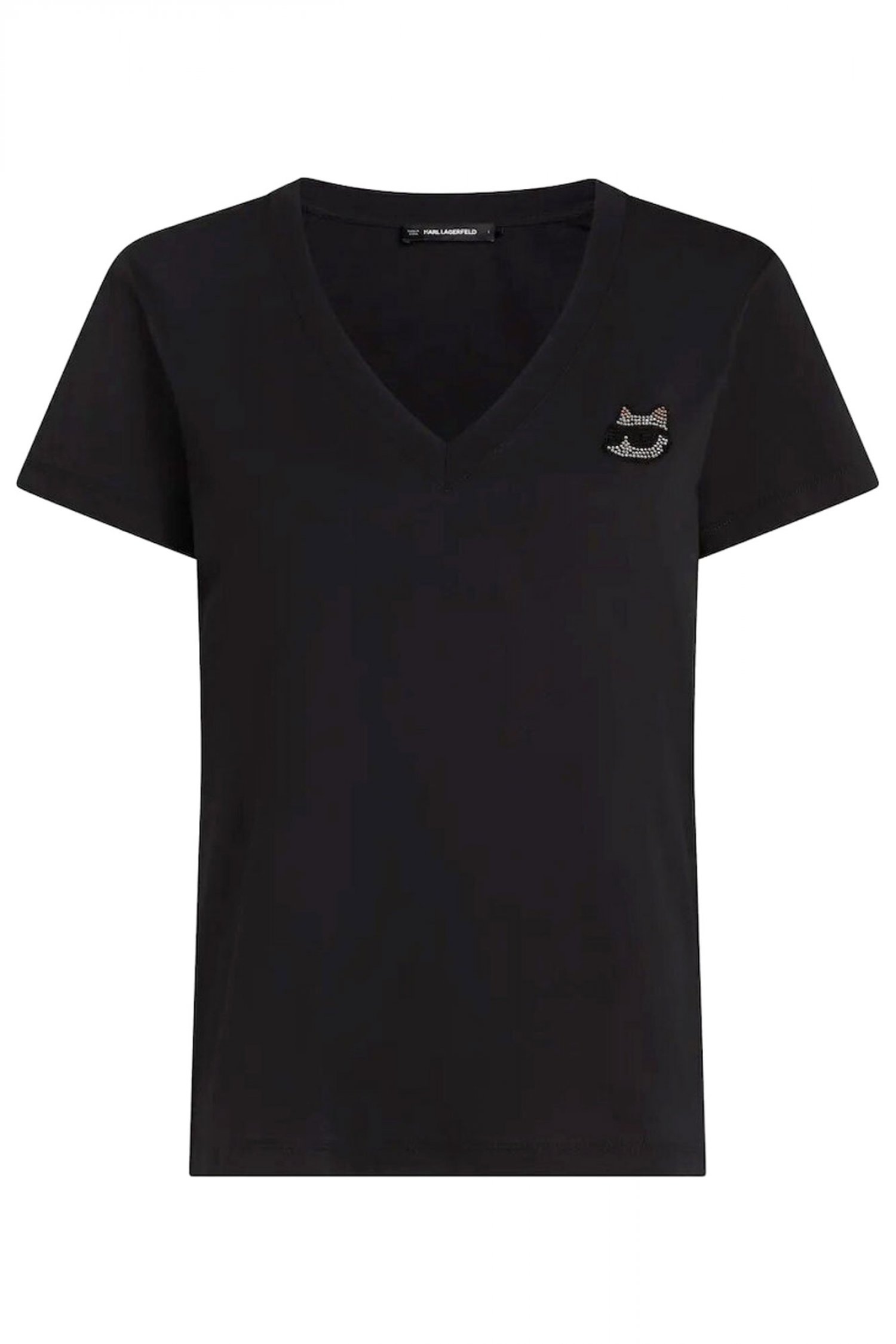 KARL LAGERFELD T-SHIRT IKON RS V-NECK REGULAR FIT LOGO ΣΤΡΑΣ ΜΑΥΡΟ