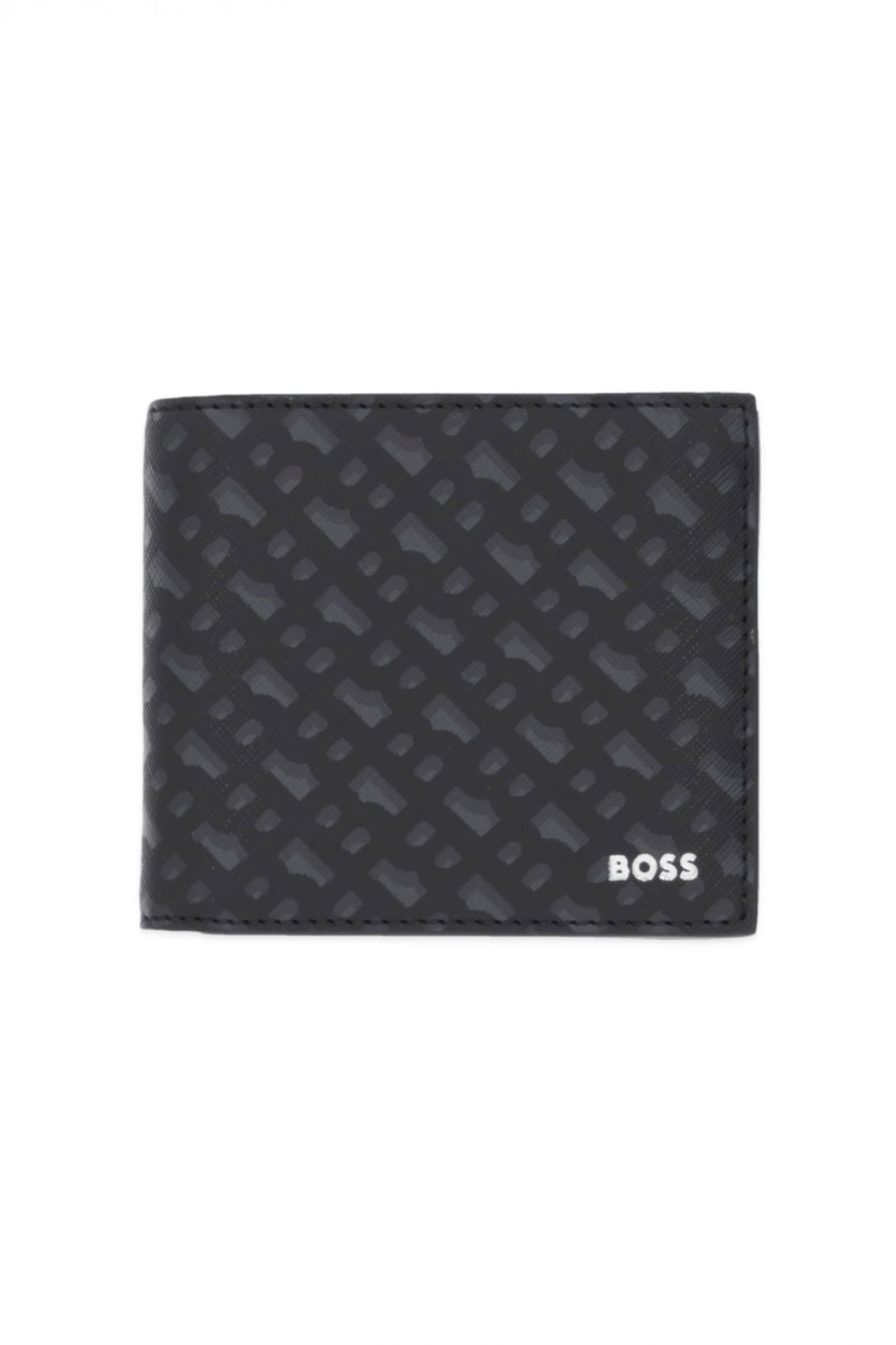 BOSS ΠΟΡΤΟΦΟΛΙ ZAIR MN 4CC COIN ALL OVER LOGO ΜΑΥΡΟ-ΓΚΡΙ
