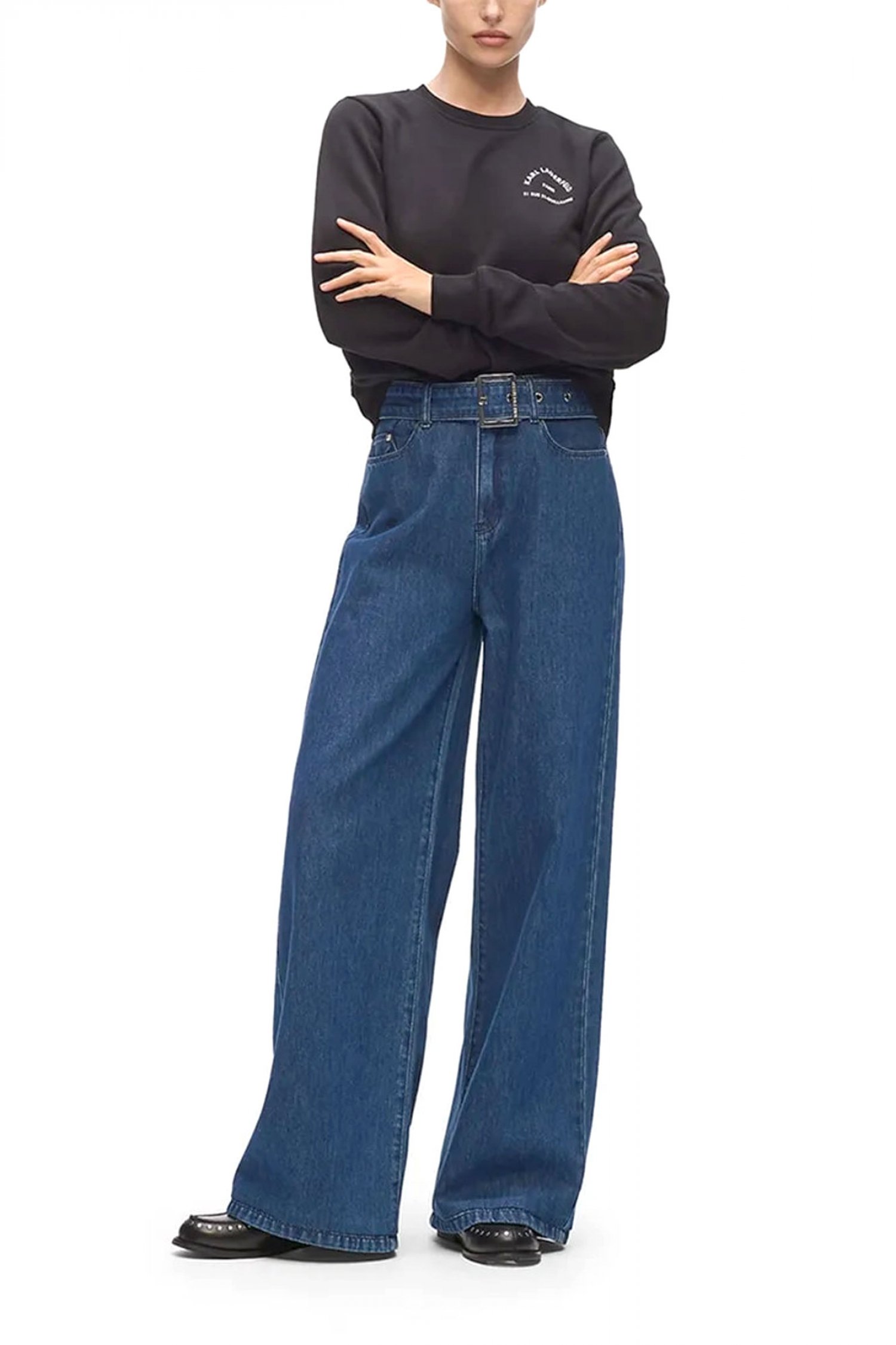KARL LAGERFELD ΠΑΝΤΕΛΟΝΙ JEANS BELTED WIDE LEG ΑΠΟΣΠΩΜΕΝΗ ΖΩΝΗ ΤΣΕΠΕΣ ΜΠΛΕ