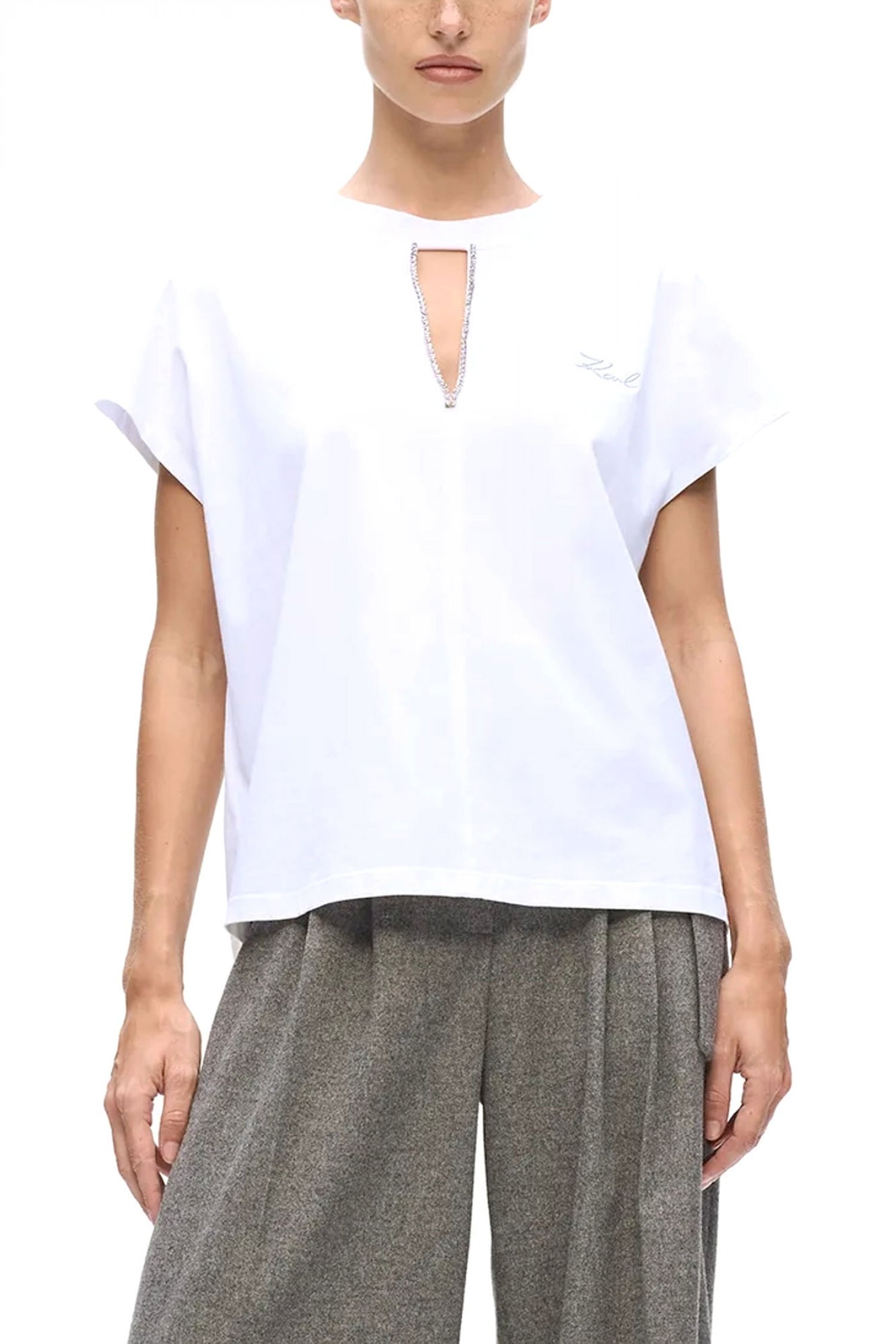 KARL AGERFELD T-SHIRT EMBELLISHED RELAXED FIT ΛΕΠΤΟΜΕΡΕΙΑ ΣΤΡΑΣ ΑΝΟΙΓΜΑ ΜΠΡΟΣΤΑ LOGO ΛΕΥΚΟ
