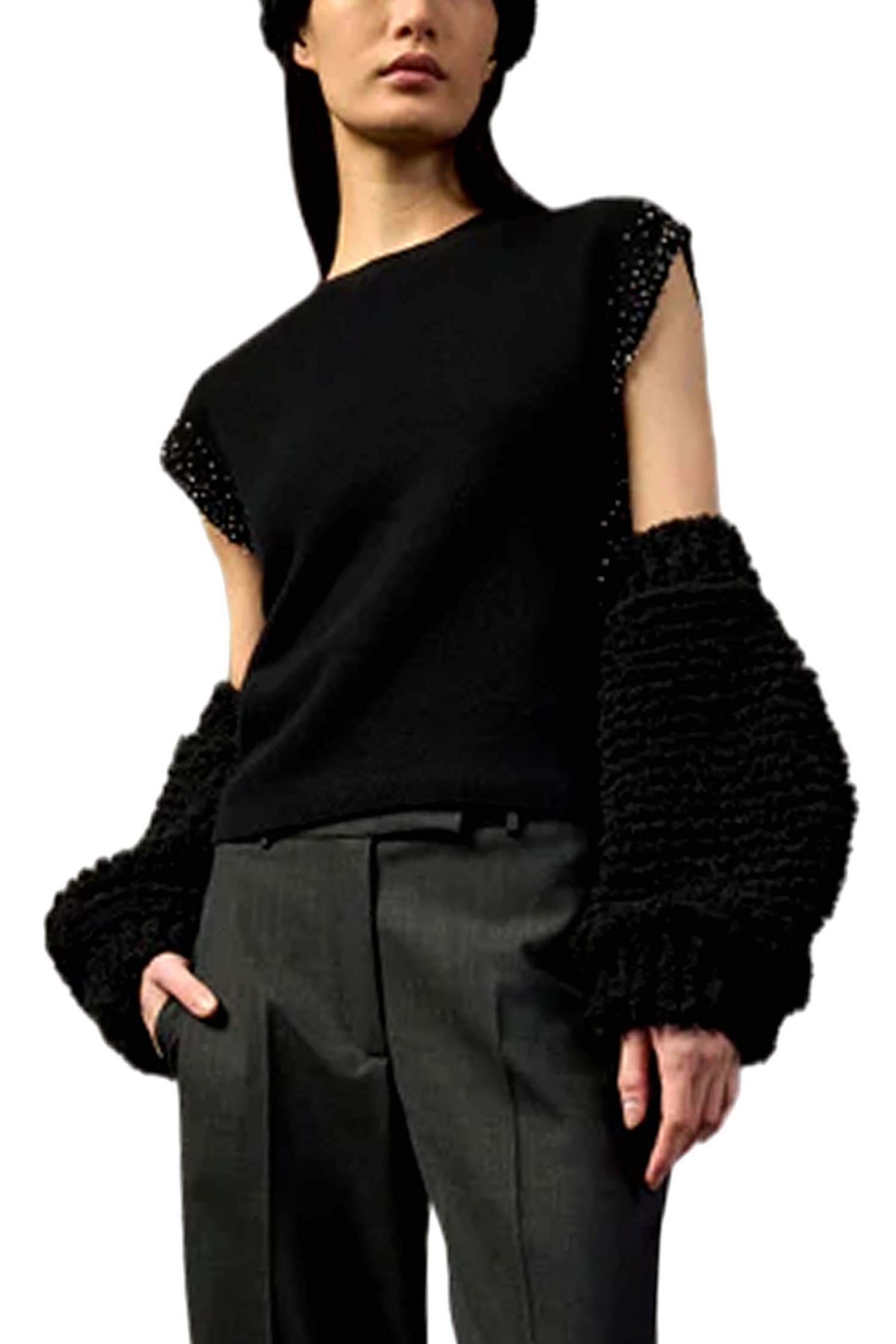 LIVIANA CONTI TOP ΠΛΕΚΤΟ ΛΕΠΤΟΜΕΡΕΙΑ ΠΑΓΙΕΤΑ ΠΛΑΙ CREW NECK ΜΑΥΡΟ