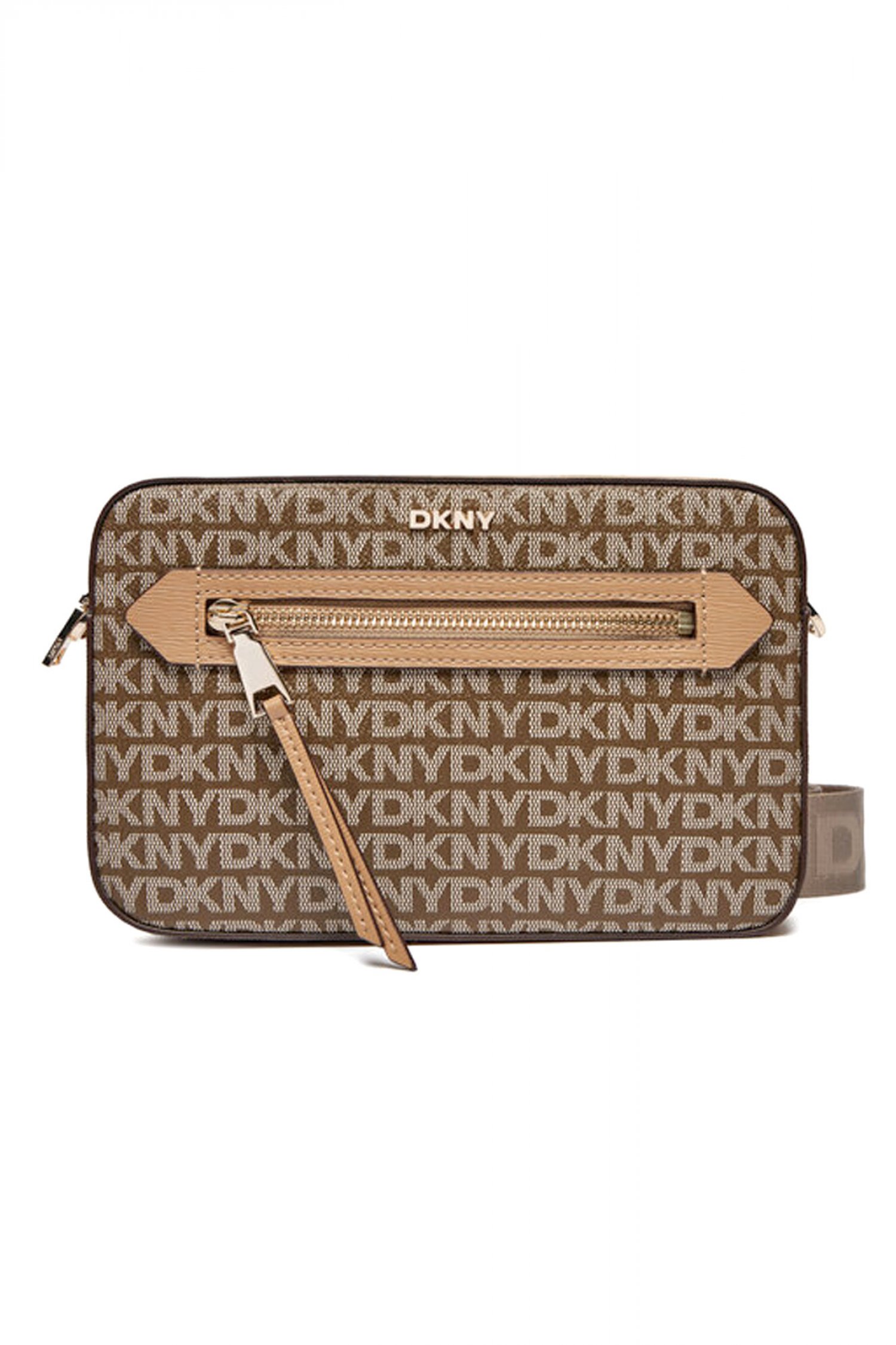 DKNY ΤΣΑΝΤΑ CROSSBODY BRYANT AVE CAMERA BAG ALL OVER LOGO ΜΠΕΖ-ΚΑΦΕ