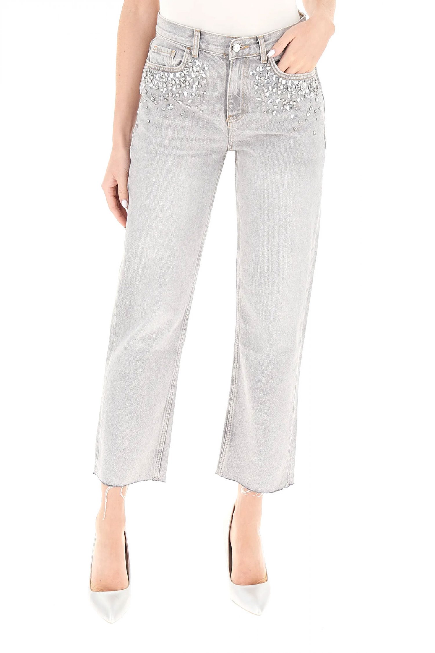 LIU-JO ΠΑΝΤΕΛΟΝΙ JEANS ΚΕΝΤΗΜΑ ΚΡΥΣΤΑΛΛΑ ΓΚΡΙ