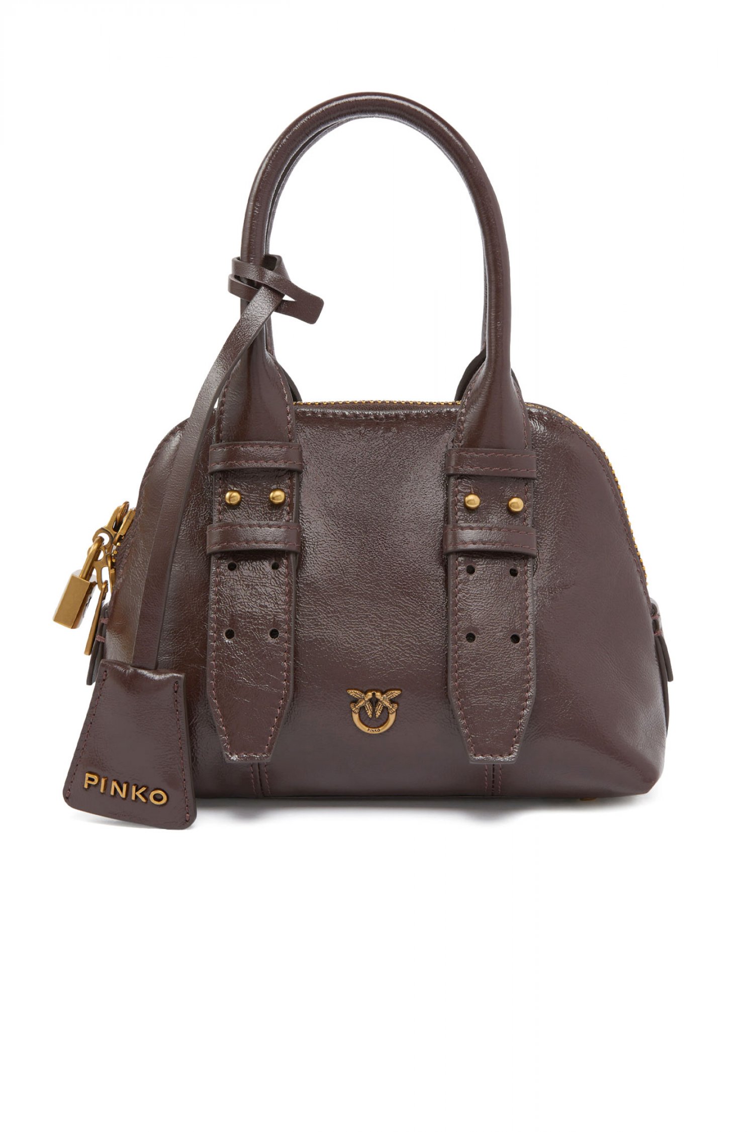 PINKO ΤΣΑΝΤΑ BOWLING BAG ZIP MINI PELLE NAPLAK ΚΑΦΕ
