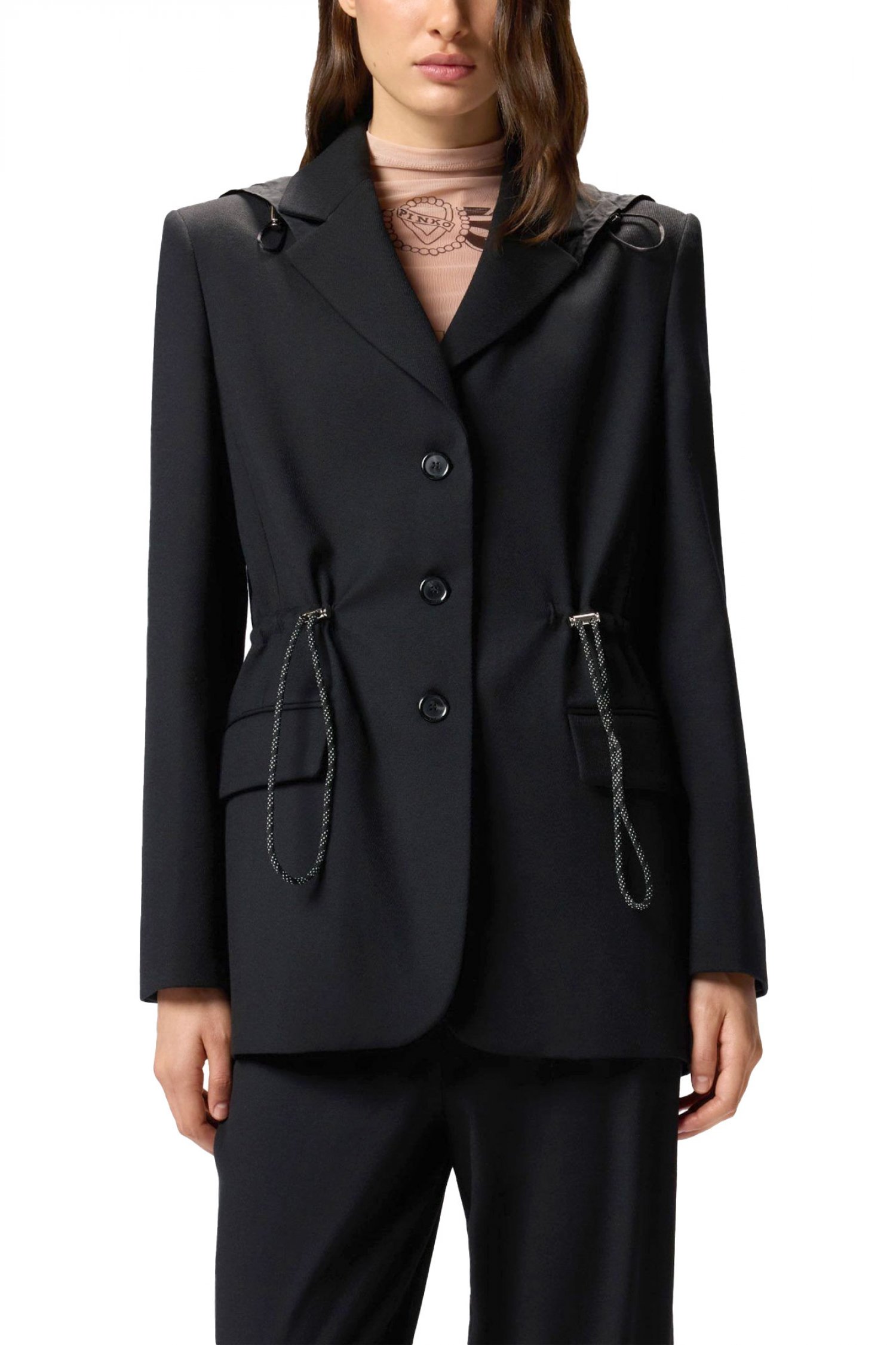 PINKO ΜΠΟΥΦΑΝ ARTEMISIA GIACCA FLANELLA DIAGONALE E TAFFETA ΤΥΠΟΥ ΣΑΚΑΚΙ ΜΕ ΚΟΥΚΟΥΛΑ ΜΑΥΡΟ