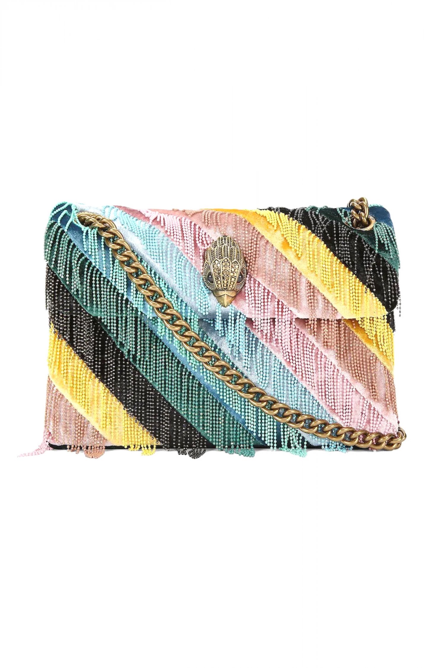 KURT GEIGER ΤΣΑΝΤΑΚΙ CROSSBODY/ΩΜΟΥ MINI KENSINGTON FRINGES ΒΕΛΟΥΔΟ ΚΡΟΣΙΑ ΜΕ ΧΑΝΤΡΕΣ ΑΛΥΣΙΔΑ LOGO ΠΟΛΥΧΡΩΜΟ