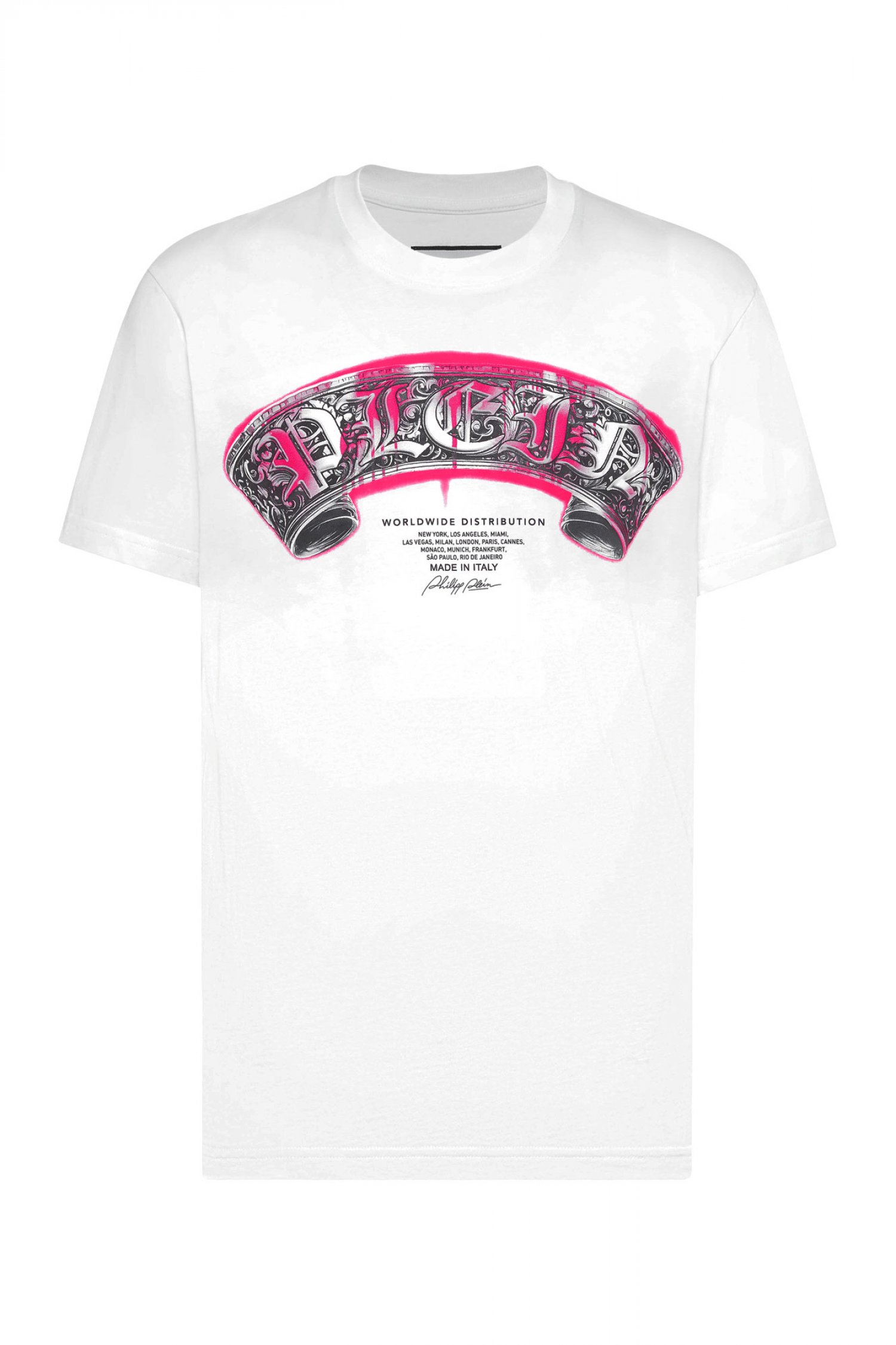 PHILIPP PLEIN T-SHIRT ROUND NECK NEON GOTHIC BANNER ΛΕΥΚΟ