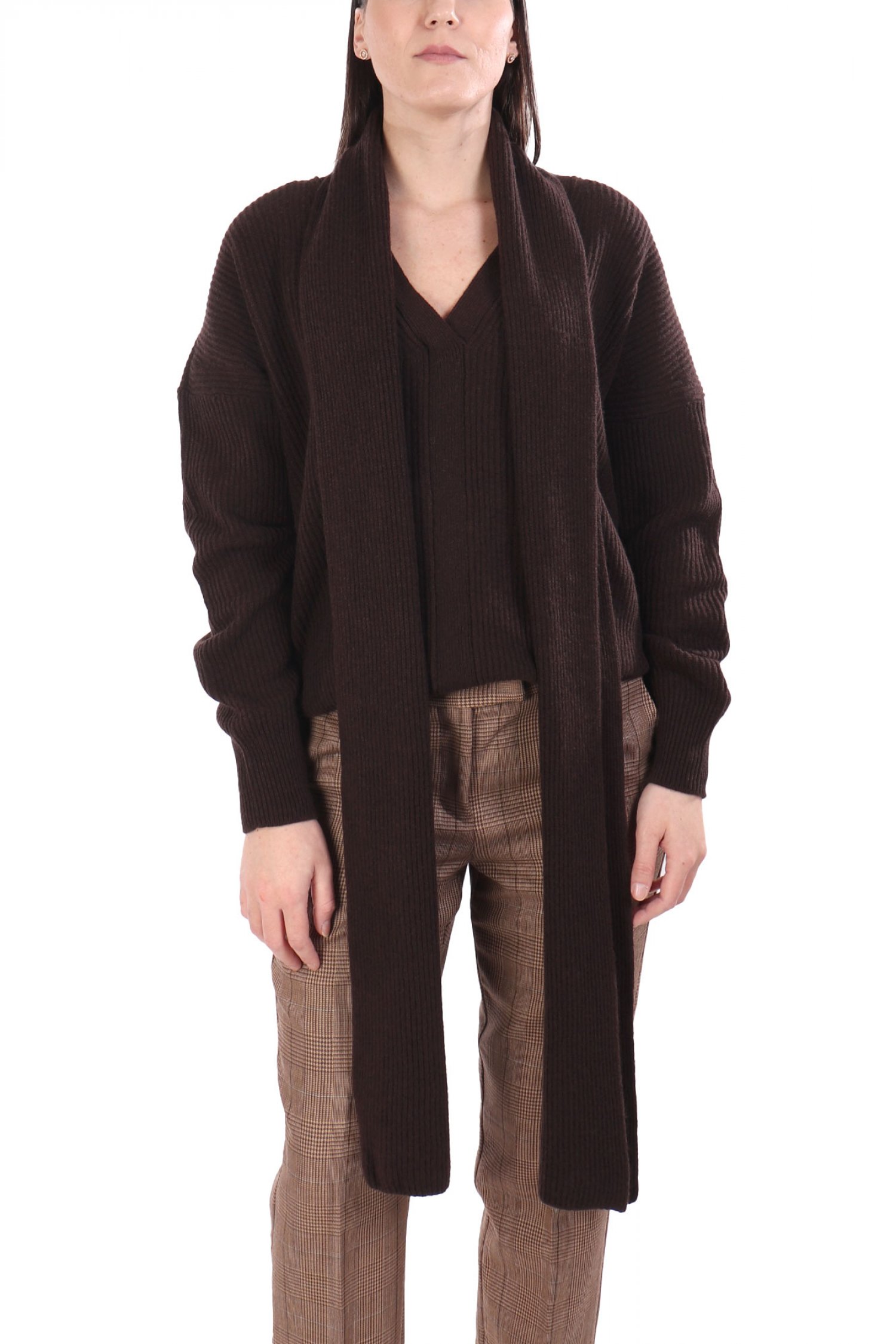 LIVIANA CONTI ΠΛΕΚΤΟ V-NECK ΑΠΟΣΠΩΜΕΝΟ ΚΑΣΚΟΛ ΚΑΦΕ