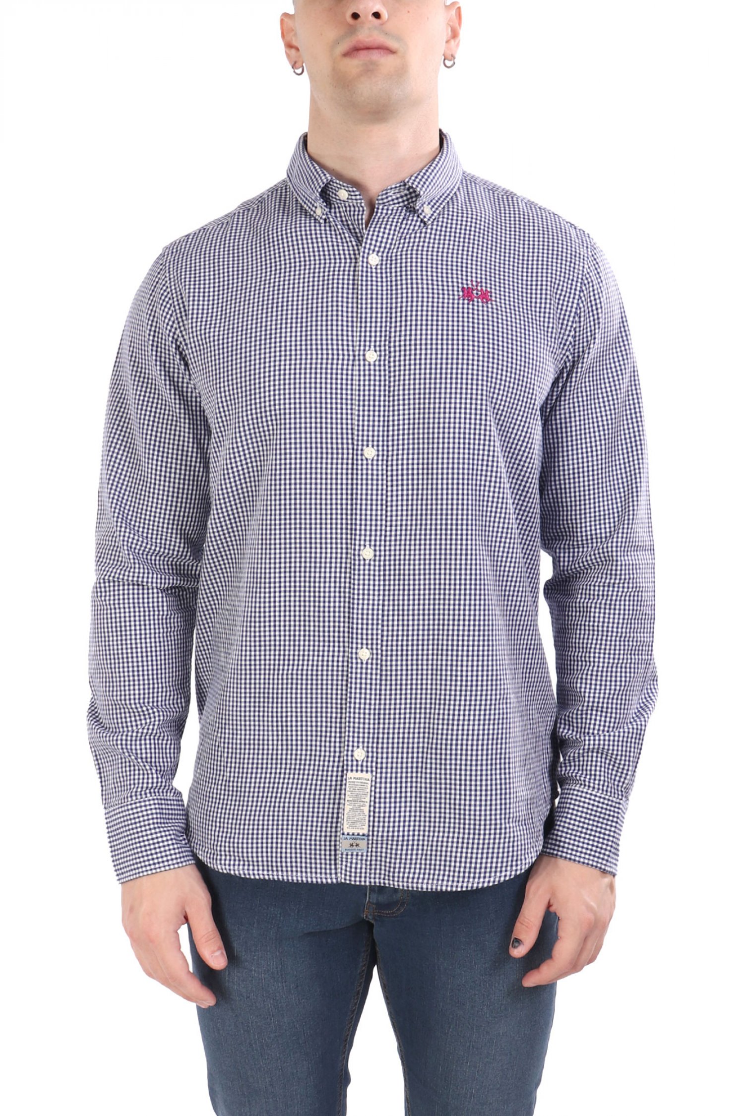 LA MARTINA ΠΟΥΚΑΜΙΣΟ BUTTON DOWN ΚΑΡΩ LOGO REGULAR FIT ΜΠΛΕ-ΛΕΥΚΟ