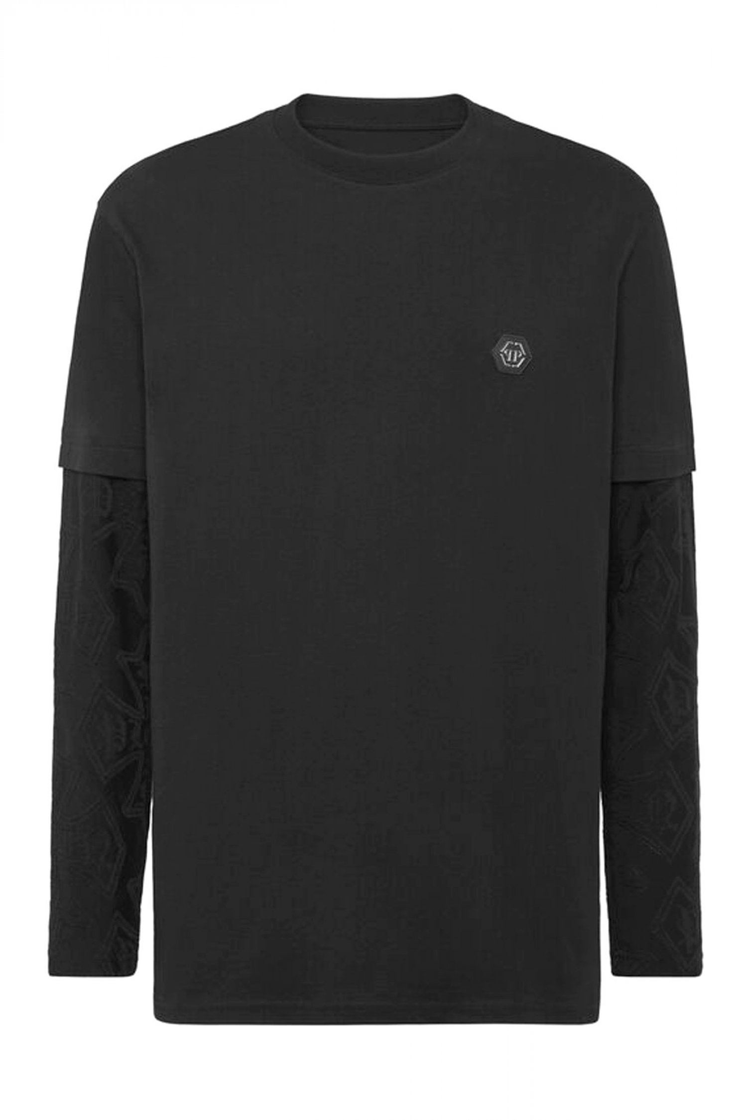 PHILIPP PLEIN T-SHIRT ROUND NECK DOUBLE SLEEVED LONGSLEEVE JACQUARD CREST ΜΑΥΡΟ