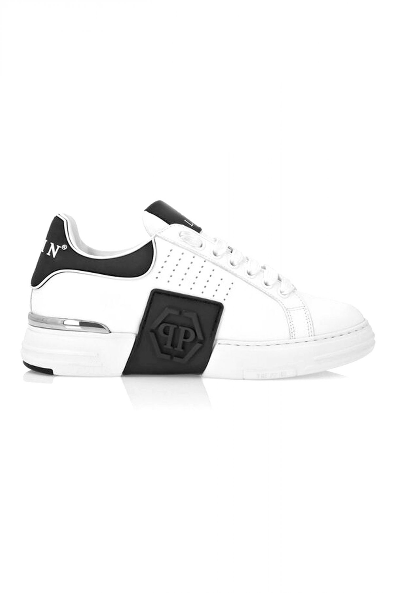 PHILIPP PLEIN ΠΑΠΟΥΤΣΙΑ SNEAKERS LOW TOP HEXAGON LOGO ΛΕΥΚΟ-ΜΑΥΡΟ