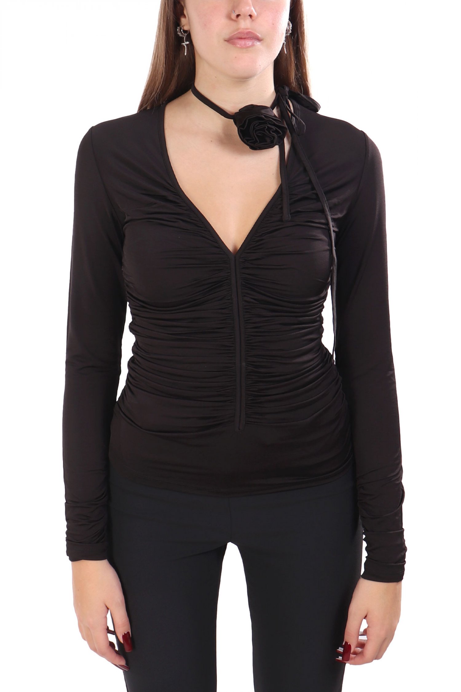 MARELLA TOP EREMITA V-NECK ΑΠΟΣΠΩΜΕΝΗ ΛΕΠΤΟΜΕΡΕΙΑ ΛΑΙΜΟΥ ΜΑΥΡΟ