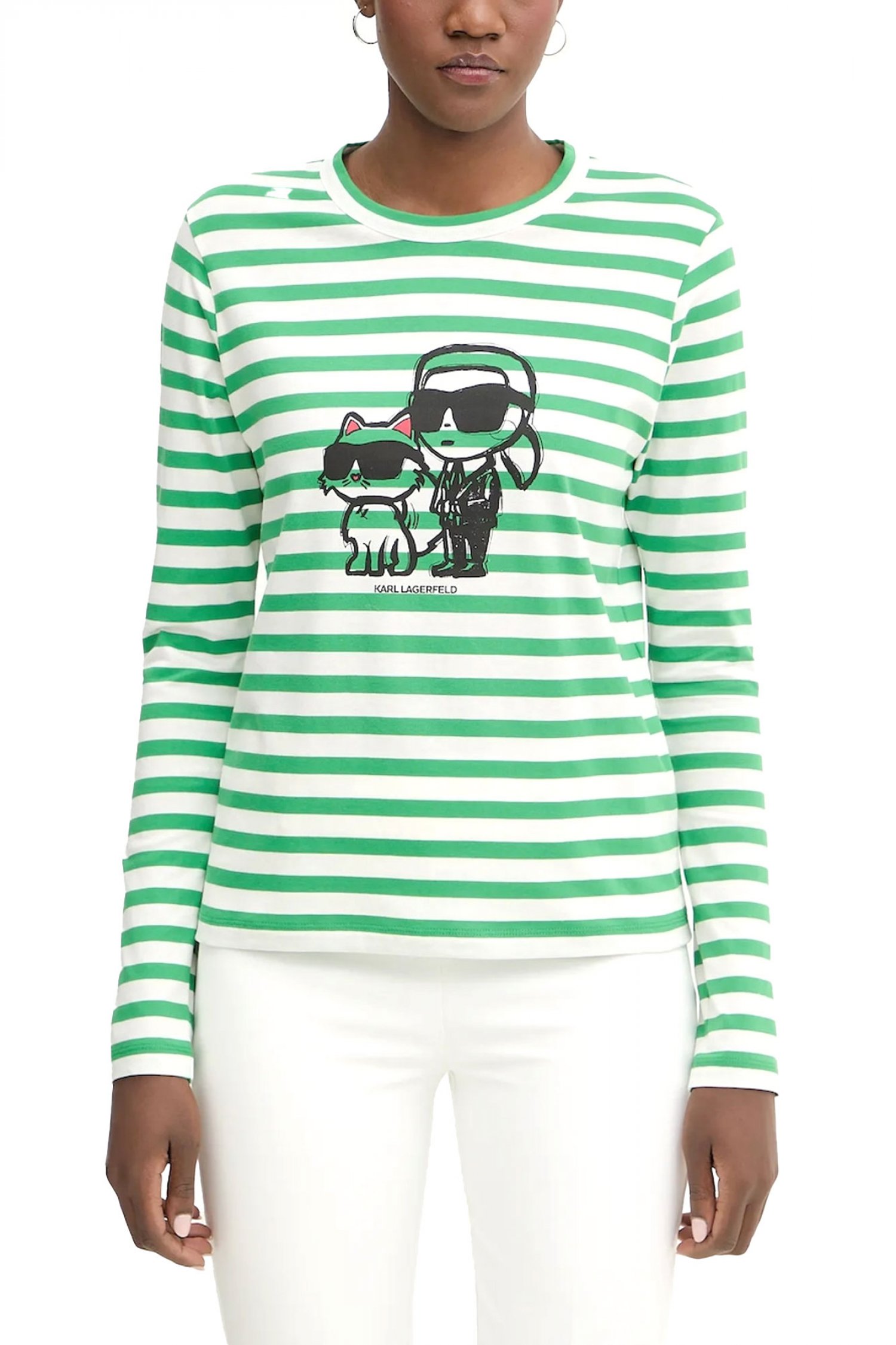 KARL LAGERFELD T-SHIRT REGULAR FIT IKON PRINT STRIPE LSLV TOP ΕΚΡΟΥ-ΠΡΑΣΙΝΟ
