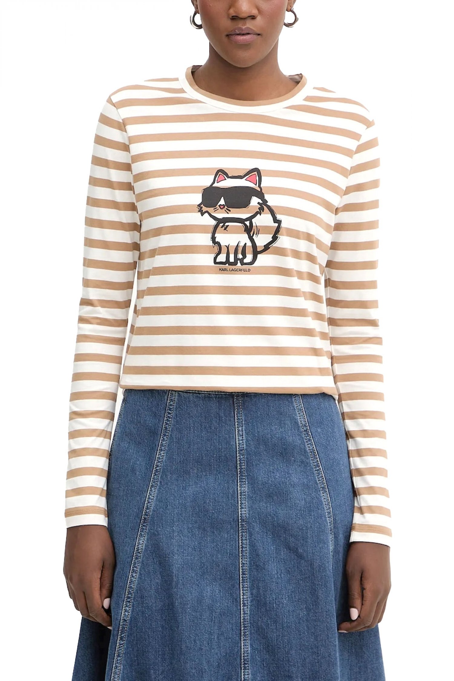 KARL LAGERFELD T-SHIRT REGULAR FIT IKON PRINT STRIPE LSLV TOP ΕΚΡΟΥ-ΜΠΕΖ