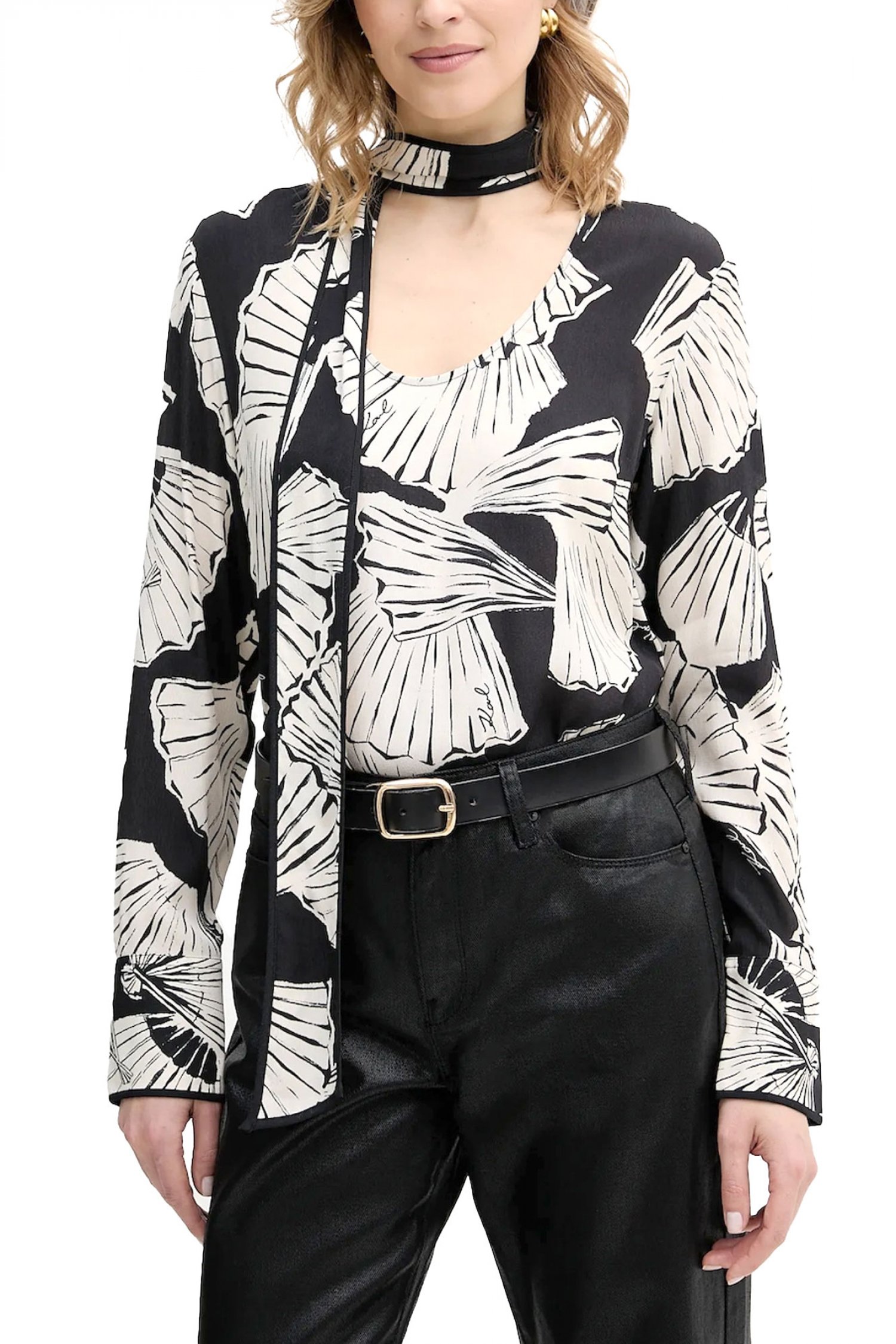 KARL LAGERFELD TOP FLUID ΕΜΠΡΙΜΕ ΔΕΣΙΜΟ ΛΑΙΜΟ ΜΑΥΡΟ-ΕΚΡΟΥ