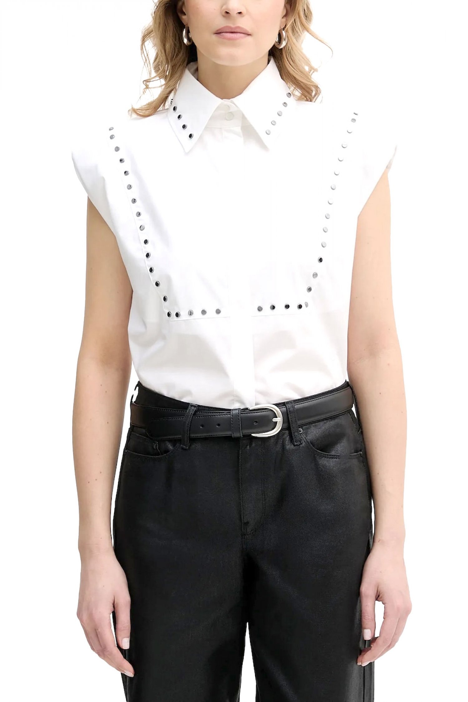 KARL LAGERFELD ΠΟΥΚΑΜΙΣΟ ΑΜΑΝΙΚΟ ΤΡΟΥΚΣ STUD DETAIL POPLIN SHIRT ΒΑΤΕΣ LOGO ΛΕΥΚΟ