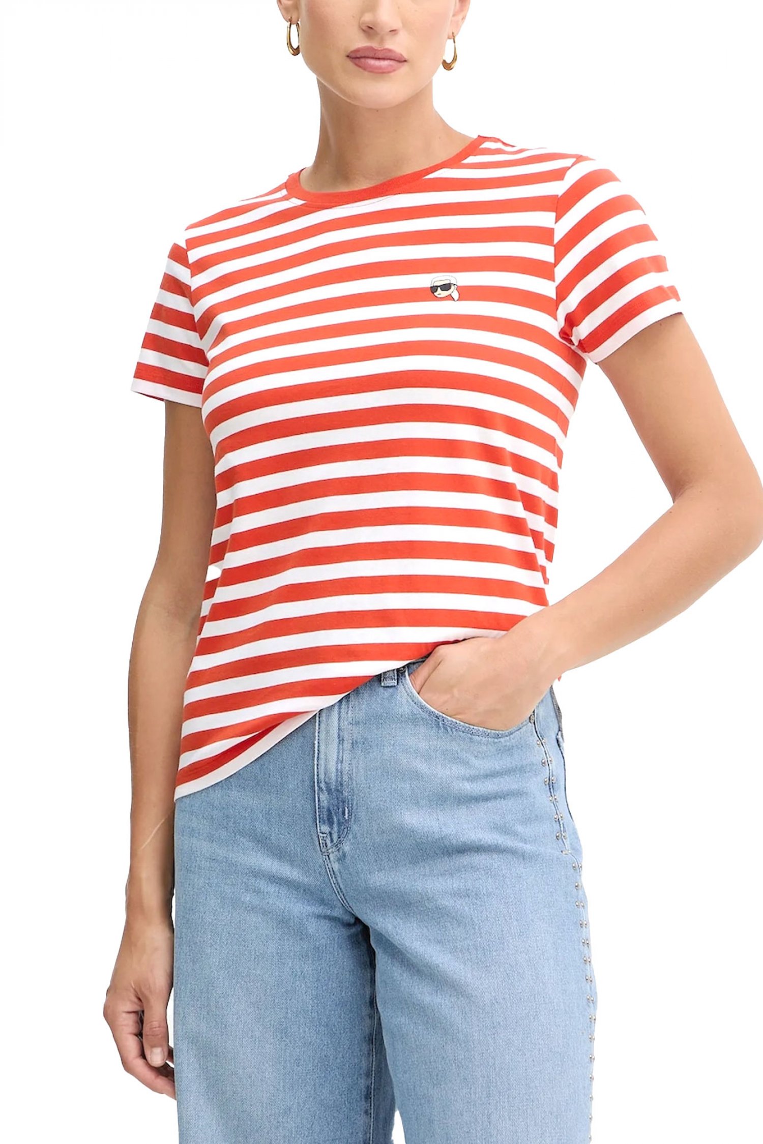 KARL LAGERFELD T-SHIRT REGULAR FIT IKON STRIPE LOGO ΛΕΥΚΟ-ΠΟΡΤΟΚΑΛΙ
