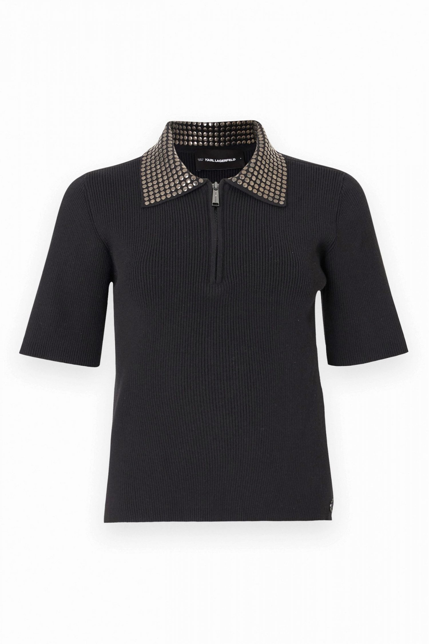 KARL LAGERFELD POLO ΠΛΕΚΤΟ STUD DETAIL COLLAR HALFZIP ΤΡΟΥΚΣ LOGO ΜΕΤΑΛΛΙΚΟ ΜΑΥΡΟ