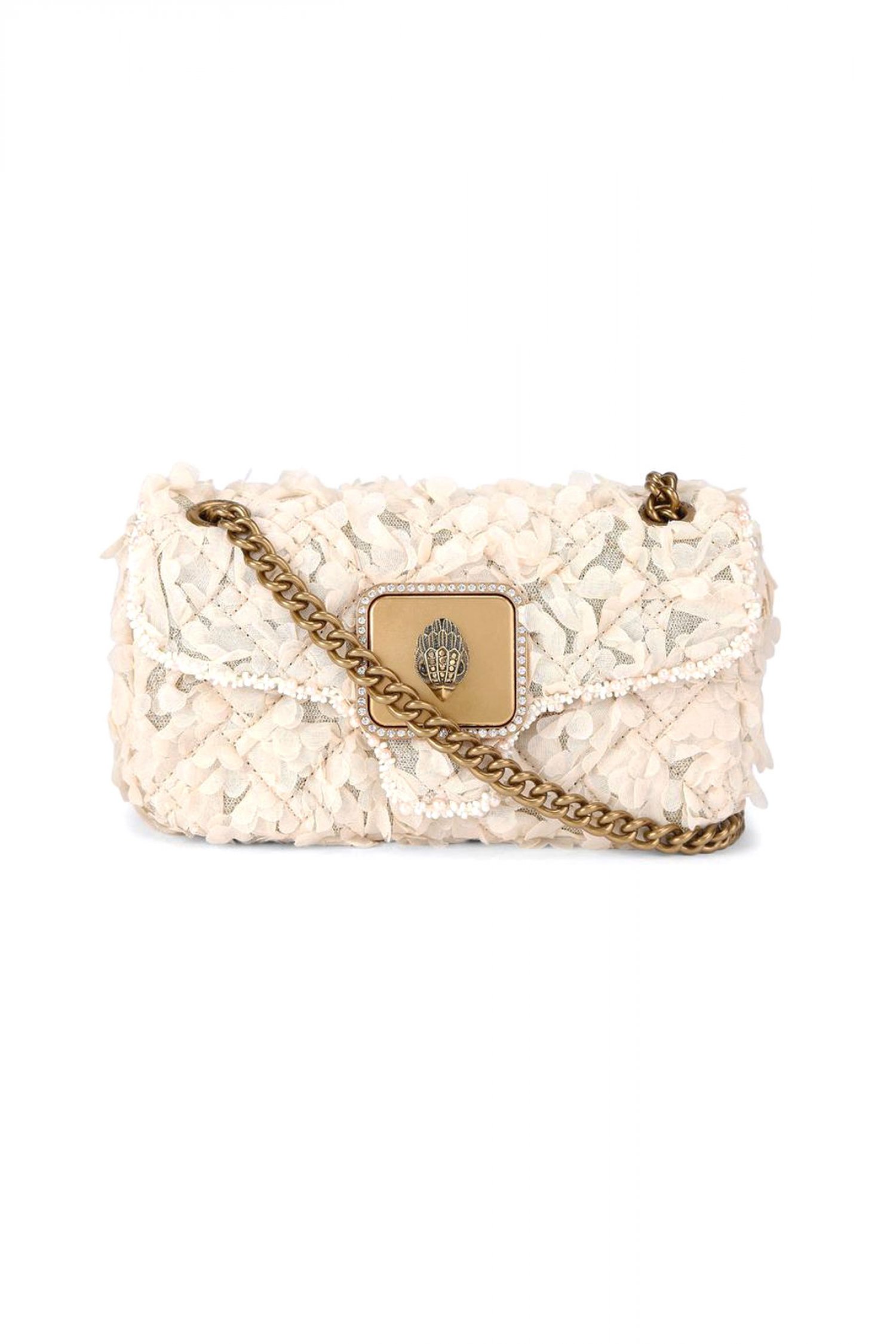 KURT GEIGER ΤΣΑΝΤΑKI CROSSBODY/ΩΜΟΥ MINI PIMLICO BAG ΥΦΑΣΜΑΤΙΝΑ ΣΧΕΔΙΑ ΑΛΥΣΙΔΑ LOGO ΜΠΕΖ/ΧΡΥΣΟ