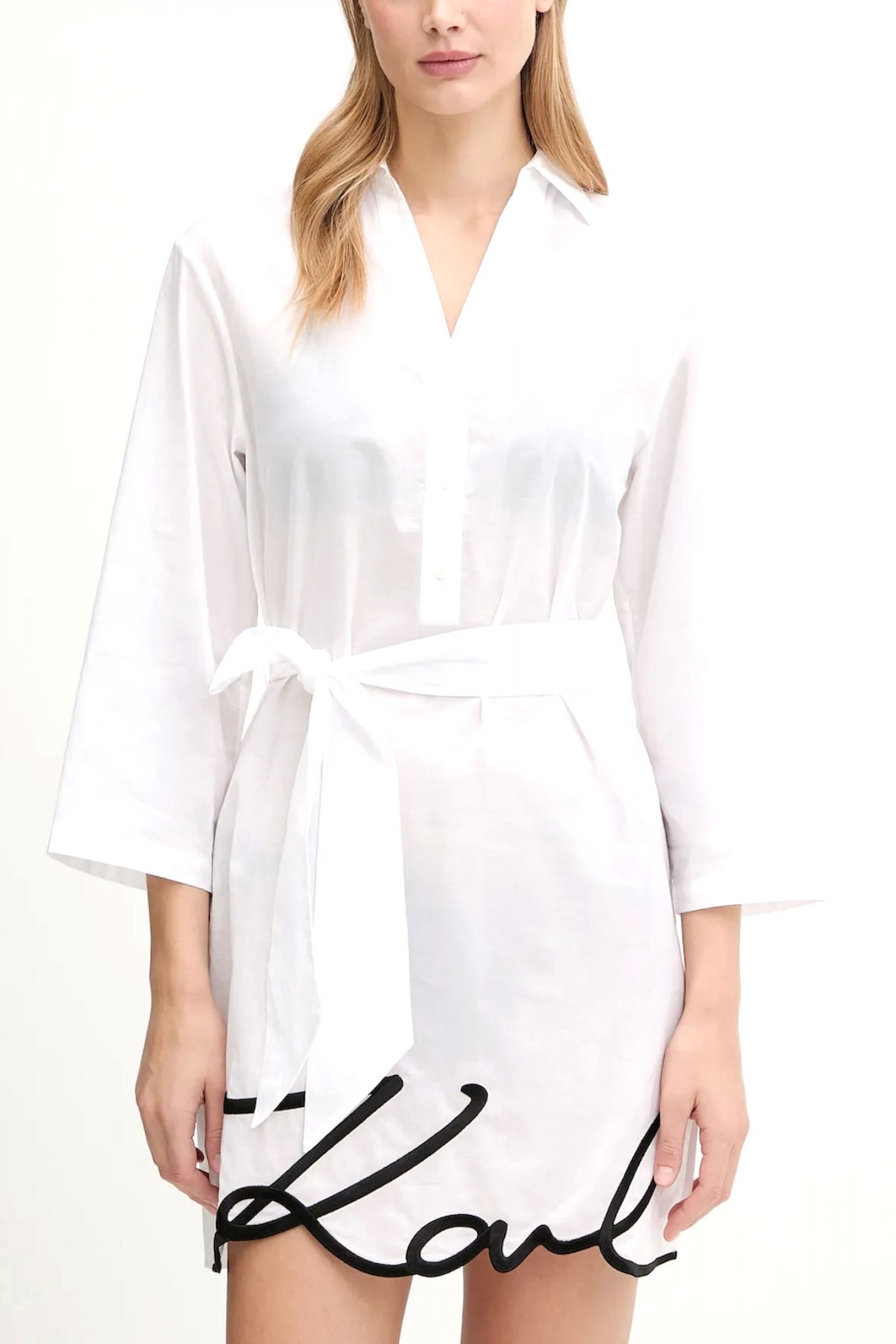 KARL LAGERFELD ΠΑΡΕΟ DNA SIGNATURE BEACH DRESS ΑΝΟΙΓΜΑΤΑ ΚΑΤΩ ΑΠΟΣΠΩΜΕΝΗ ΖΩΝΗ ΛΕΥΚΟ