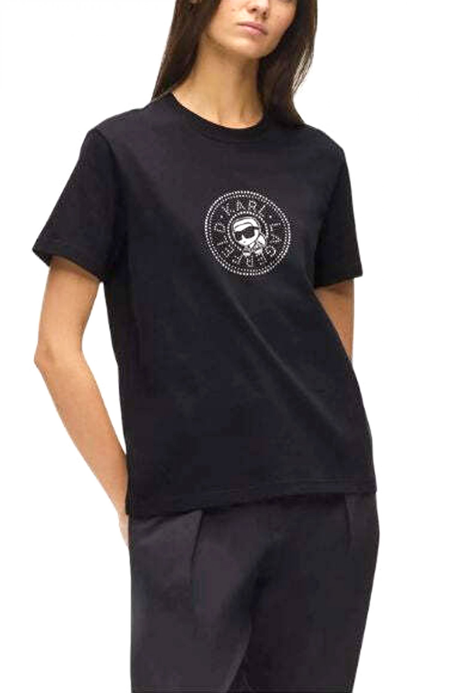 KARL LAGERFELD T-SHIRT IKON RS CIRCLE REGULAR FIT LOGO ΣΤΡΑΣ ΜΑΥΡΟ