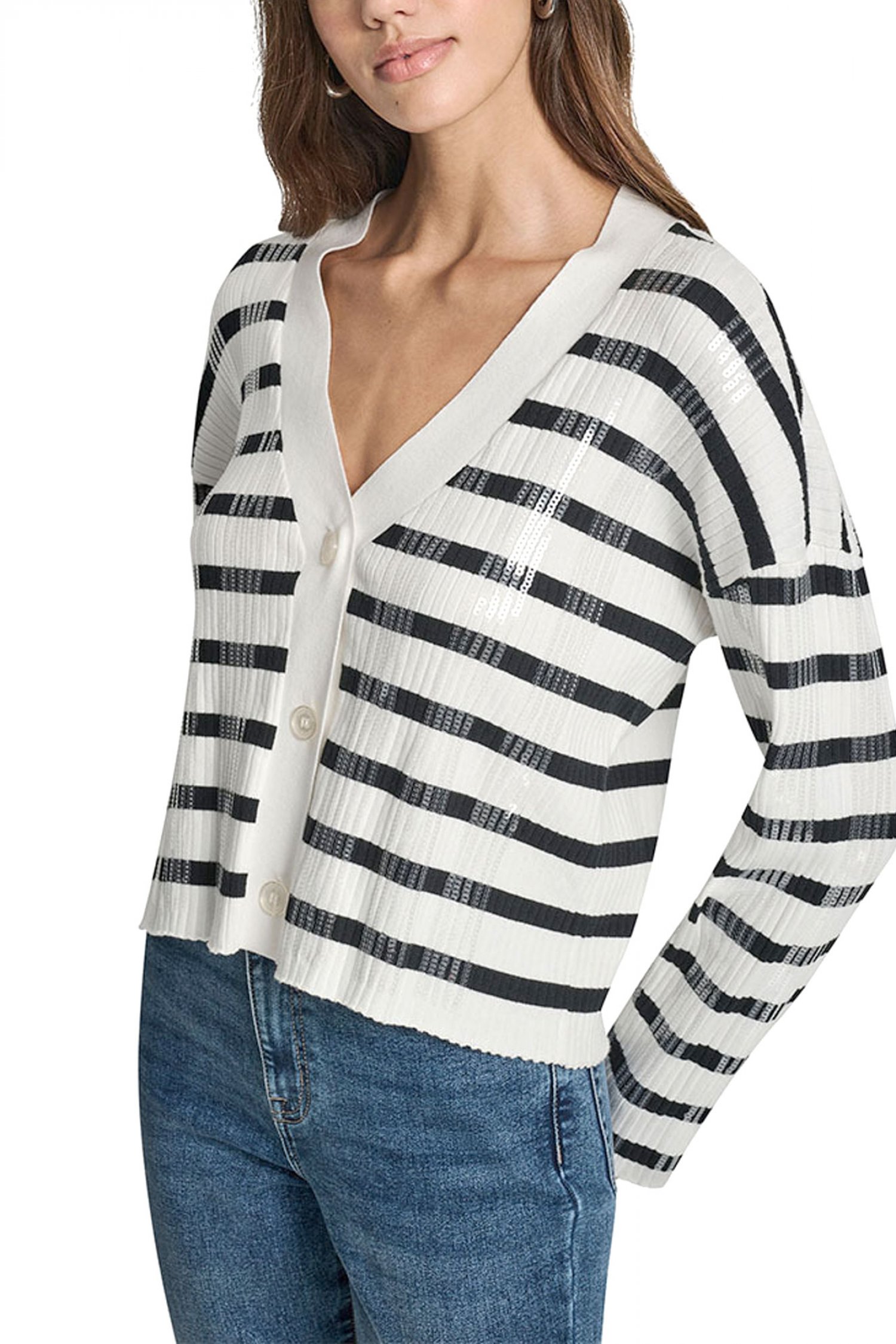 DKNY ΖΑΚΕΤΑ ΠΛΕΚΤΟ CROPPED ΡΙΜΠ ΠΑΓΙΕΤΑ ΕΚΡΟΥ-ΜΑΥΡΟ