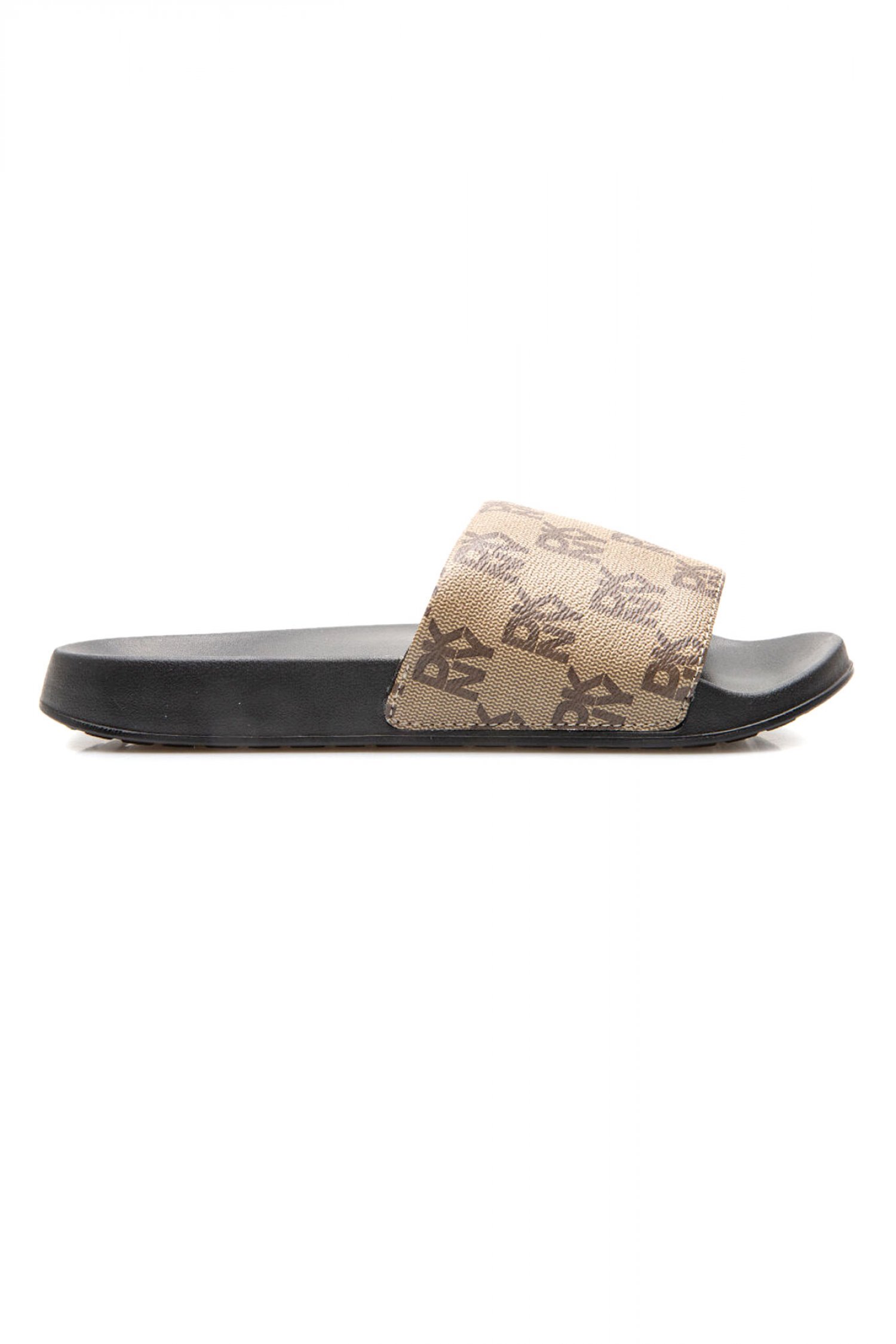 DKNY ΠΑΠΟΥΤΣΙΑ ΠΑΝΤΟΦΛΕΣ ZELLA FLAT SLIDE ALL OVER LOGO ΜΠΕΖ-ΚΑΦΕ