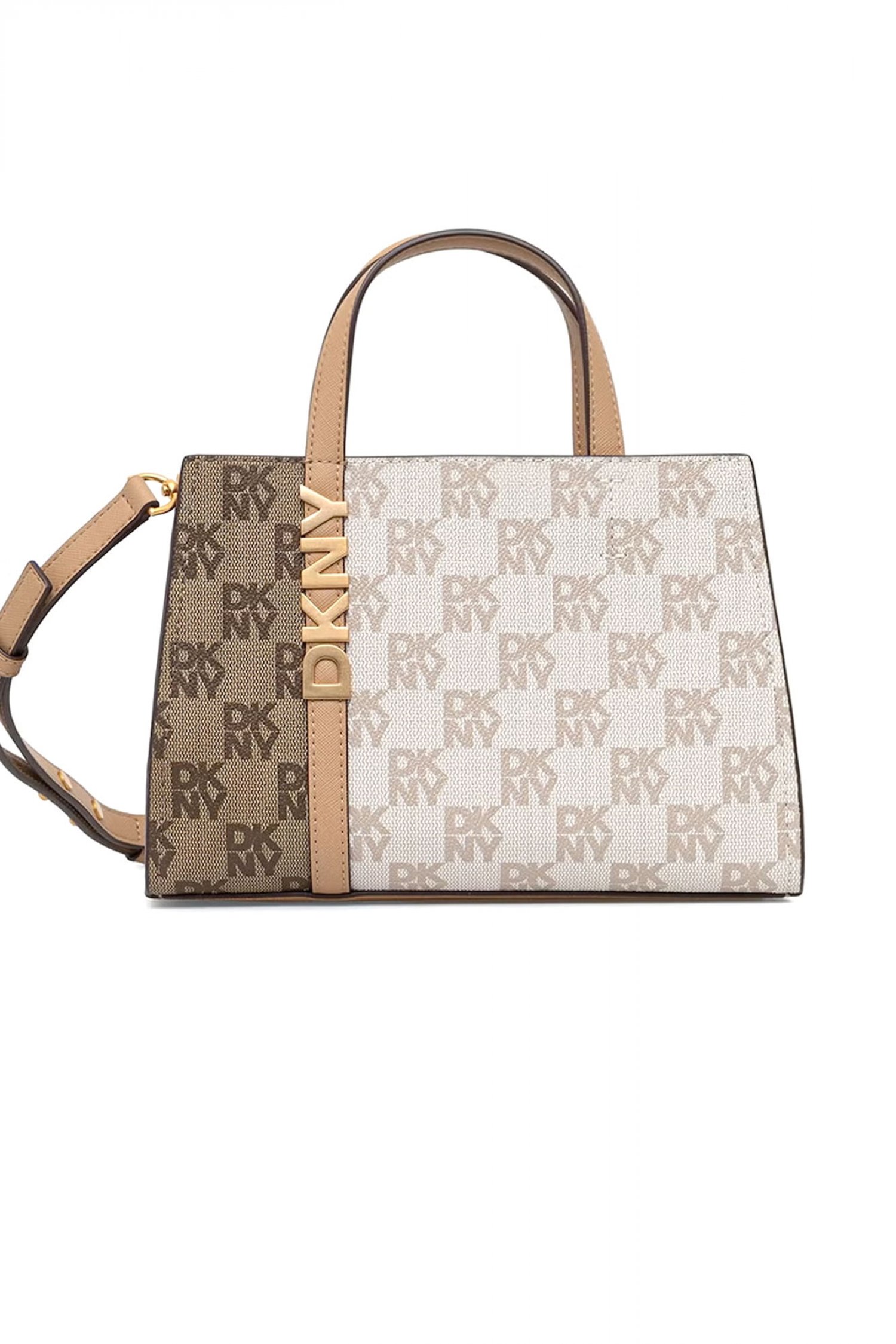 DKNY ΤΣΑΝΤΑ ΧΕΙΡΟΣ/CROSSBODY AVRIL SM SATCHEL ALL OVER LOGO ΜΠΕΖ-ΚΑΦΕ