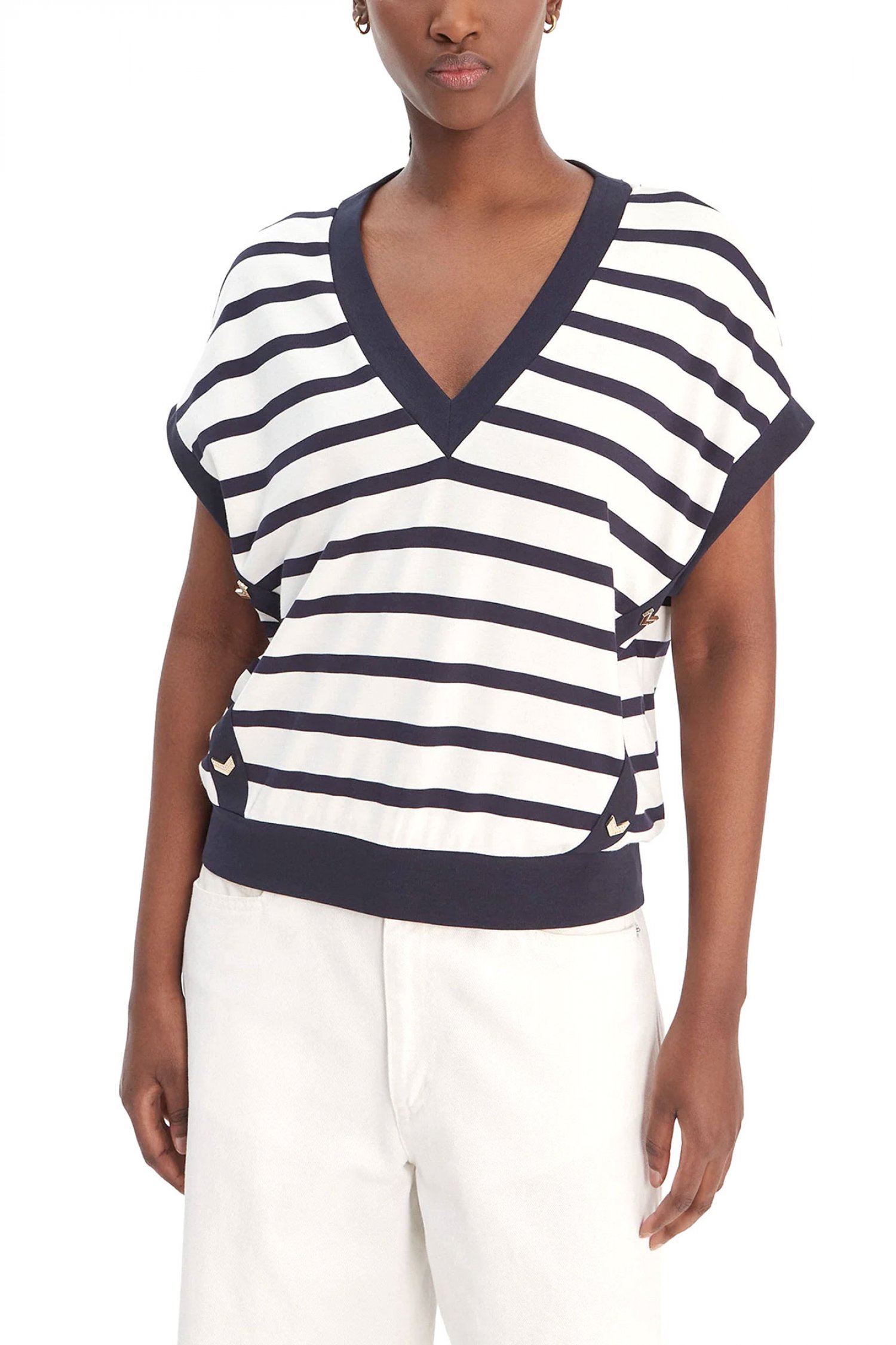 LIU-JO LIU-JO T-SHIRT V-NECK ΡΙΓΕ ΛΕΠΤΟΜΕΡΕΙΕΣ ΜΕΤΑΛΛΙΚΕΣ ΕΚΡΟΥ-ΜΠΛΕ