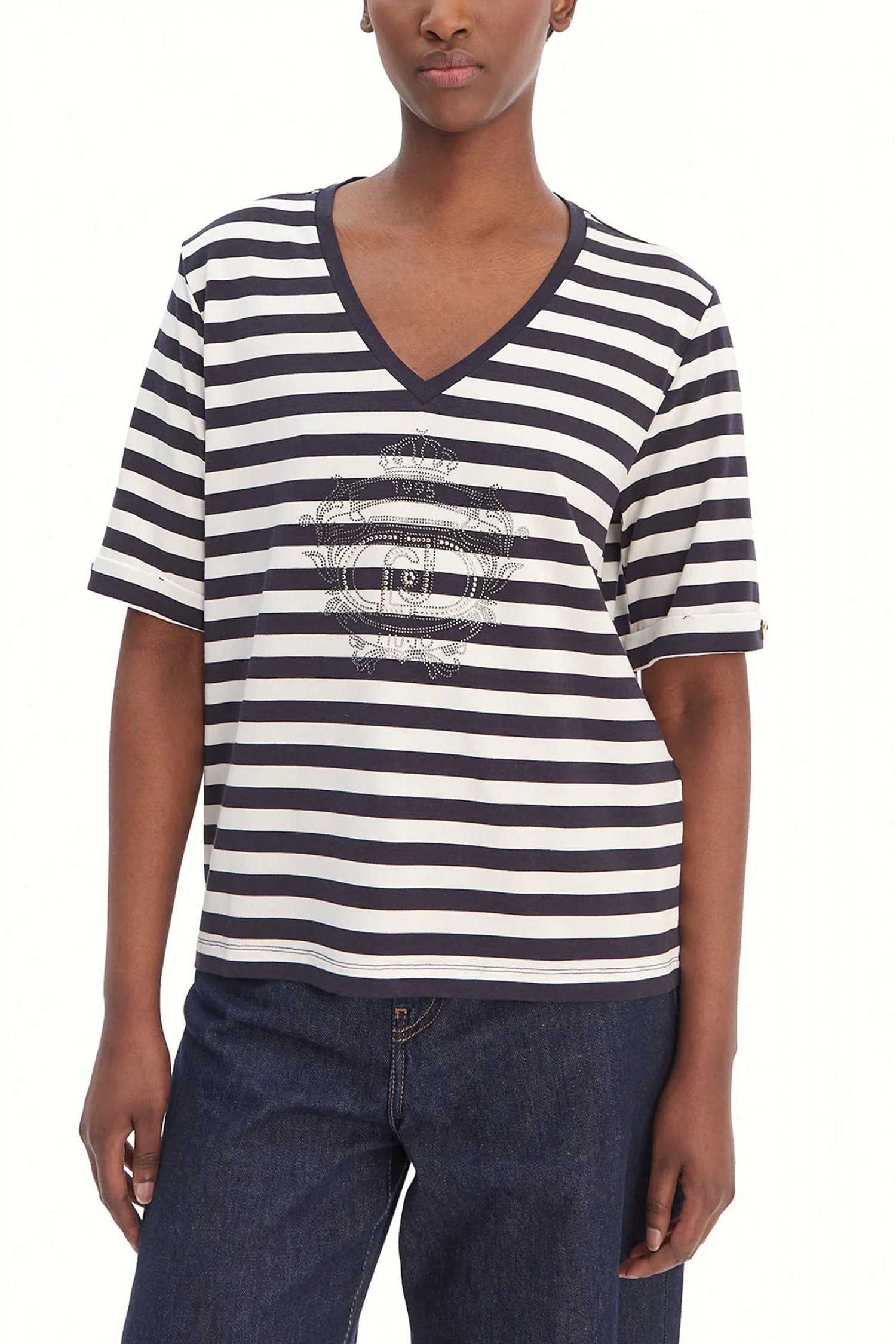 LIU-JO LIU-JO BETTER T-SHIRT V-NECK ΡΙΓΕ LOGO ΣΤΡΑΣ ΕΚΡΟΥ-ΜΠΛΕ