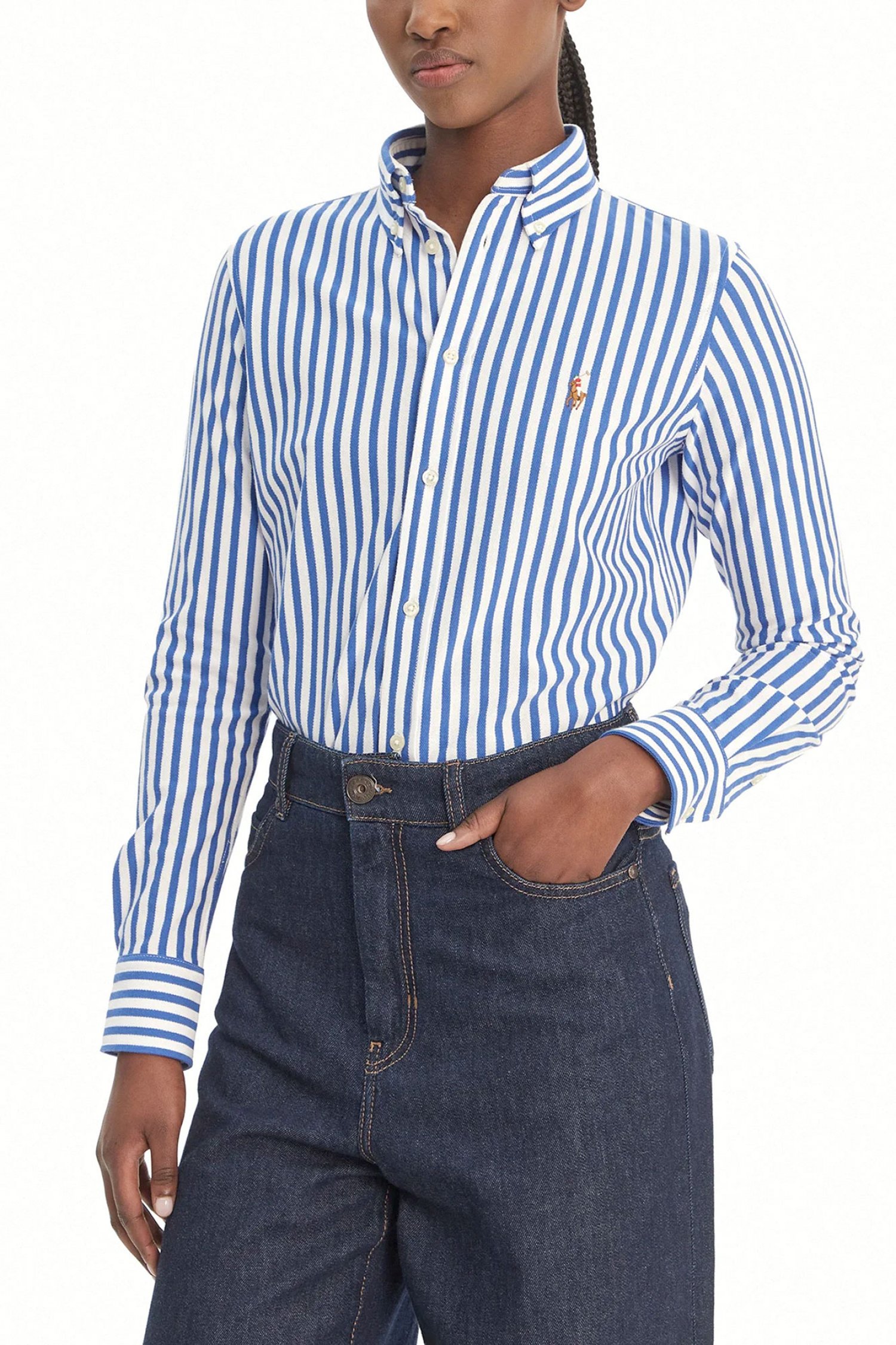 RALPH LAUREN ΠΟΥΚΑΜΙΣΟ ΡΙΓΕ CLASSICS KNIT OXFORD LOGO ΛΕΥΚΟ-ΜΠΛΕ