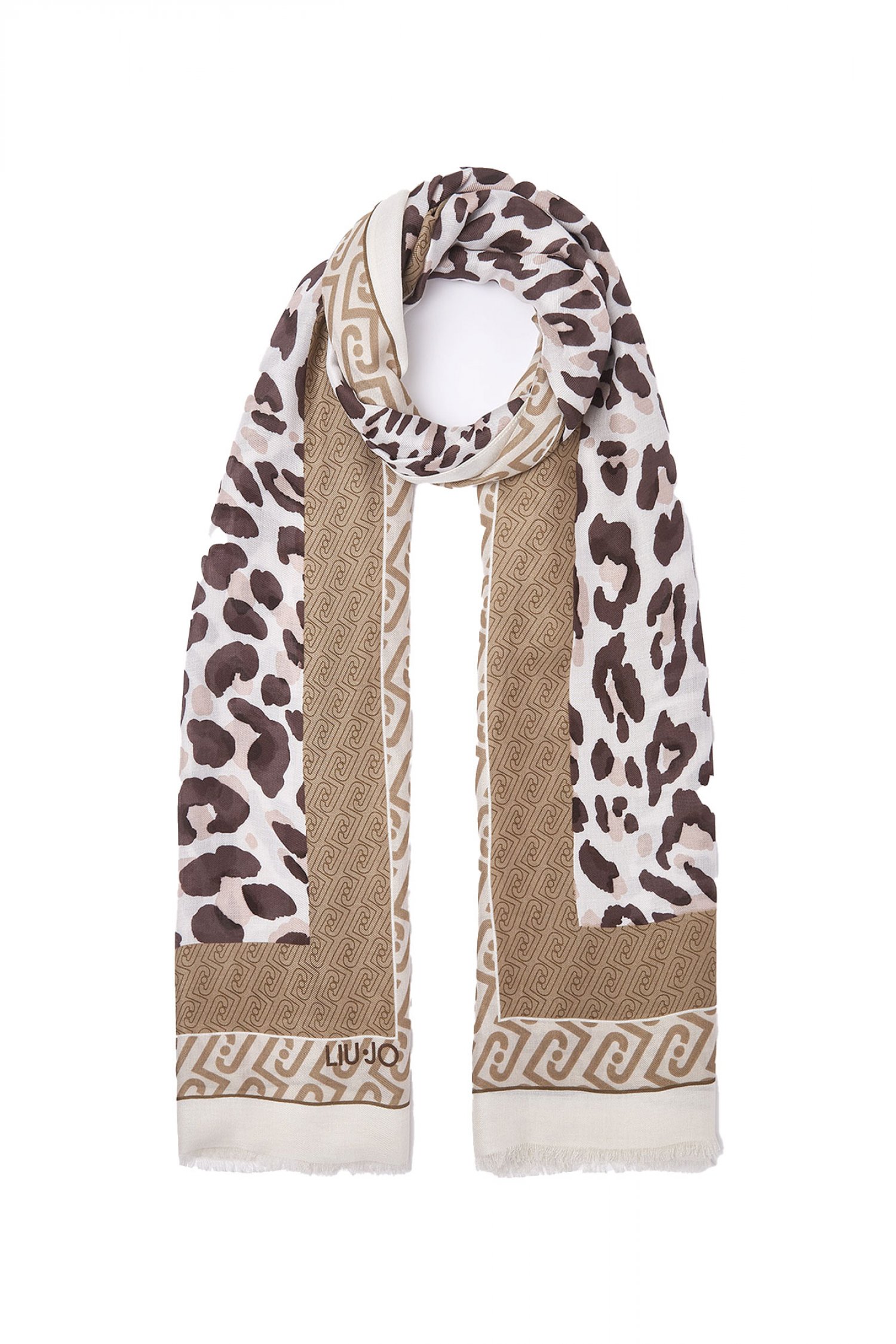 LIU-JO ΦΟΥΛΑΡΙ LEOPARD PRINT 90*180 LOGO ΕΚΡΟΥ-ΚΑΦΕ