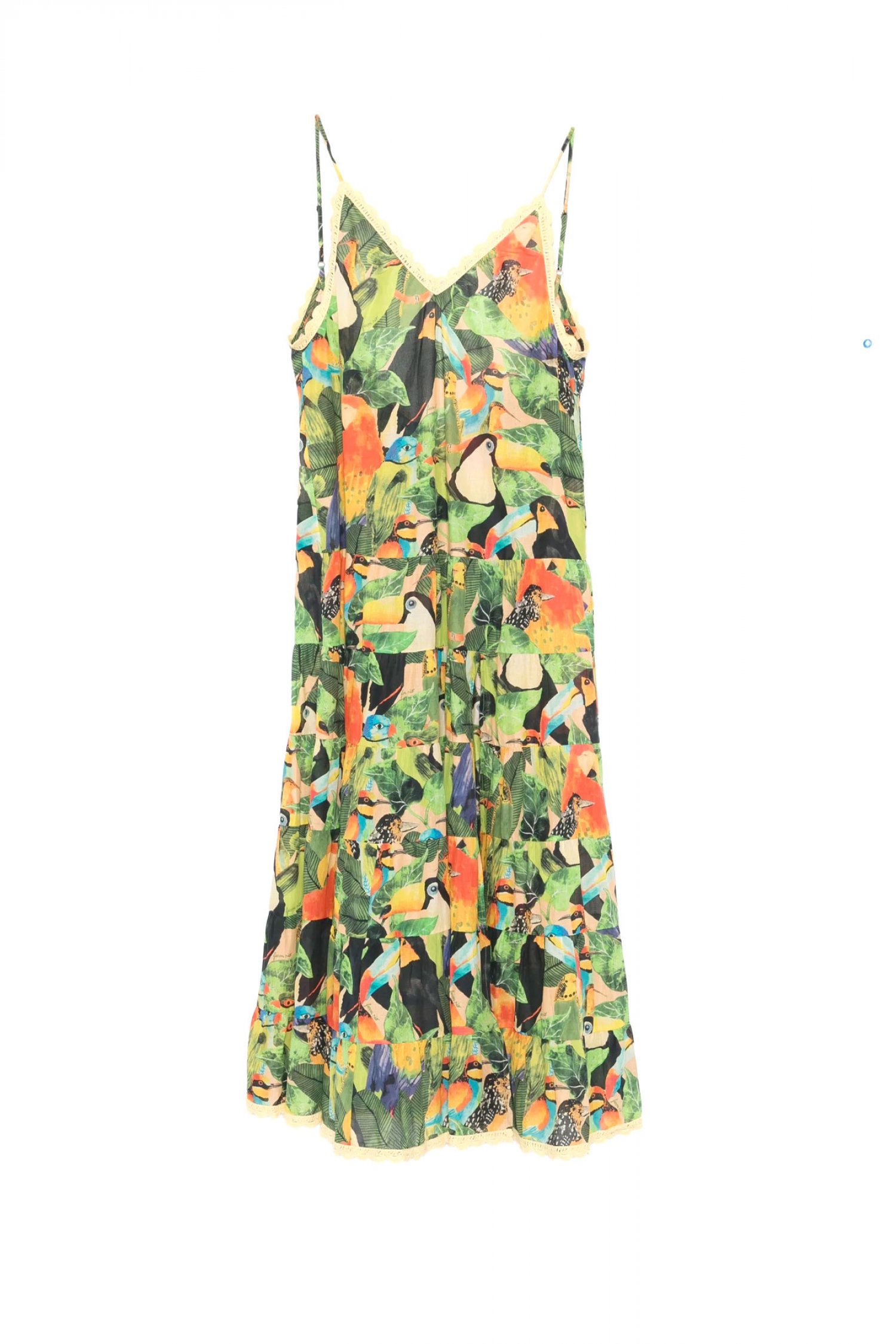 FARM RIO ΦΟΡΕΜΑ MIDI BIRD LEAVES SAND ΑΝΟΙΧΤΗ ΠΛΑΤΗ ΒΟΛΑΝ ΠΟΛΥΧΡΩΜΟ