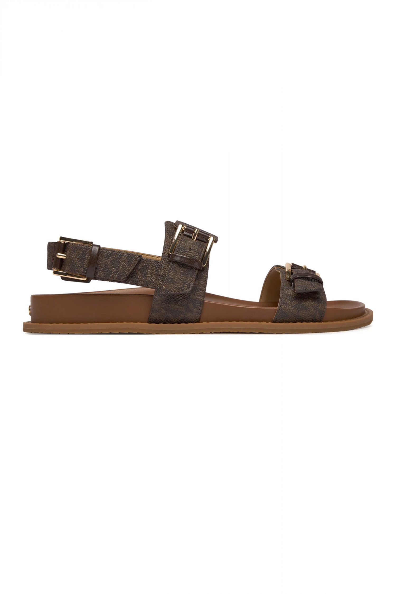 MICHAEL KORS ΠΑΠΟΥΤΣΙΑ ΣΑΝΔΑΛΙΑ NIA FLAT SANDAL ALL OVER LOGO ΚΑΦΕ/ΤΑΜΠΑ