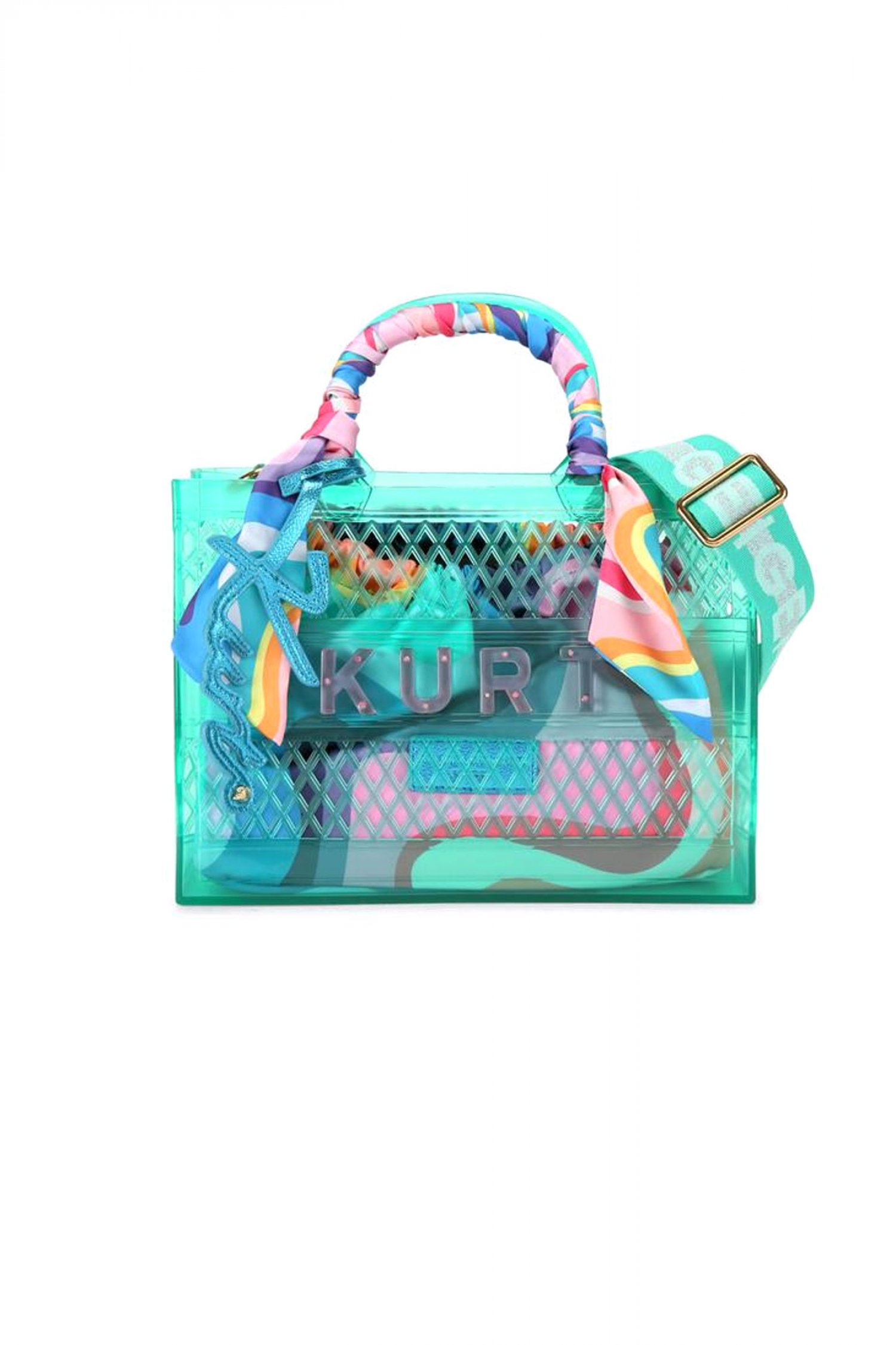 KURT GEIGER ΤΣΑΝΤΑ ΩΜΟΥ/CROSSBODY JELLY SM TOTE BAG ΔΙΑΦΑΝΗ ΠΟΥΓΚΙ LOGO ΠΡΑΣΙΝΟ/ΠΟΛΥΧΡΩΜΟ
