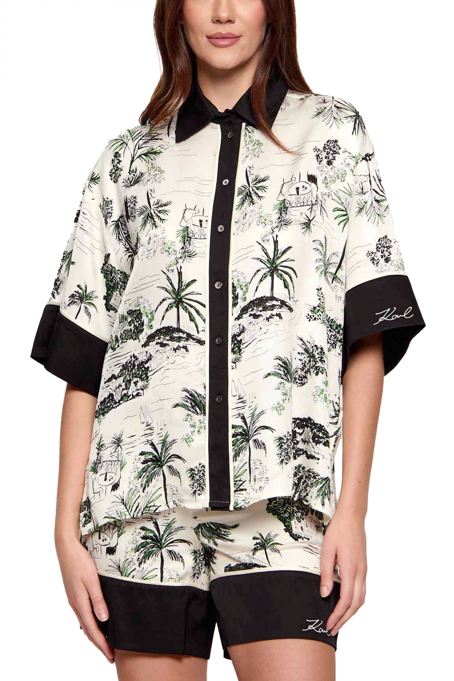 KARL LAGERFELD ΠΟΥΚΑΜΙΣΟ ΕΜΠΡΙΜΕ FLUID PJ BLOUSE LOGO ΜΑΝΙΚΙ ΕΚΡΟΥ-ΜΑΥΡΟ