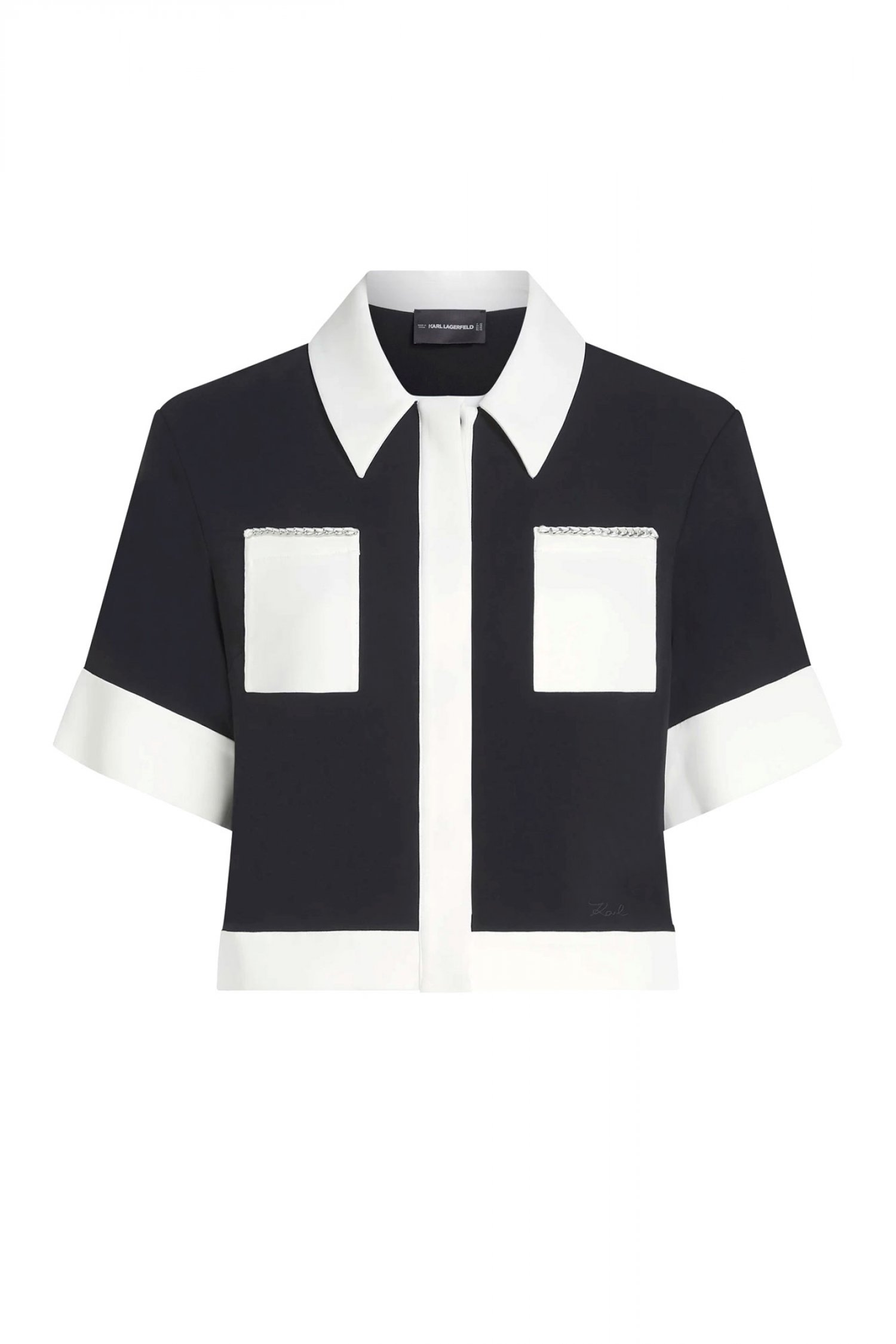 KARL LAGERFELD ΠΟΥΚΑΜΙΣΟ POLO CROPPED CHAINE DETAIL JACKET ΚΡΥΦΑ ΚΟΥΜΠΙΑ ΜΑΥΡΟ-ΕΚΡΟΥ