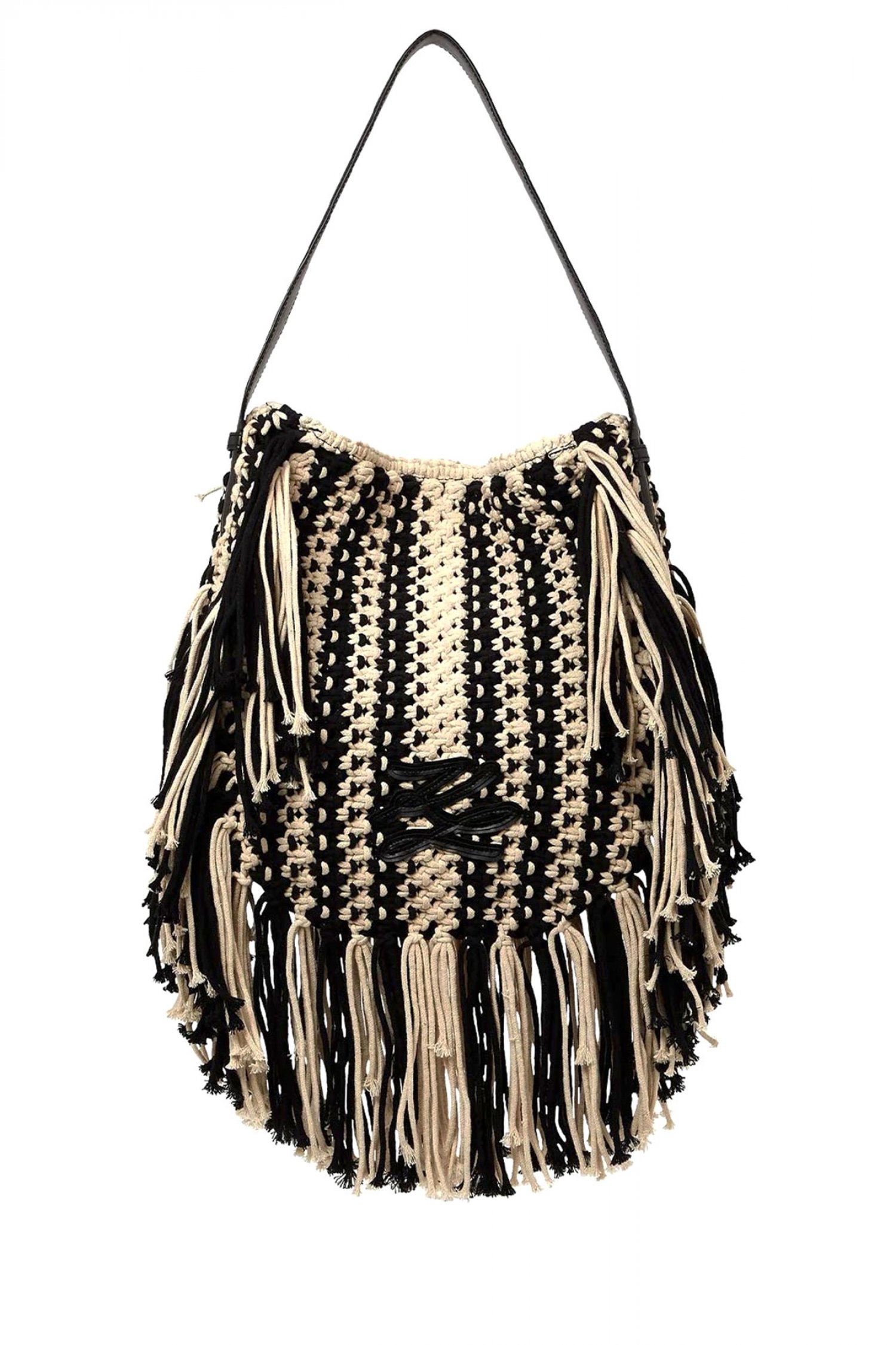 KARL LAGERFELD ΤΣΑΝΤΑ ΩΜΟΥ K/AUTOGRAPH PATCH SHB FRINGE ΚΡΟΣΙΑ LOGO ΜΑΥΡΟ-ΕΚΡΟΥ