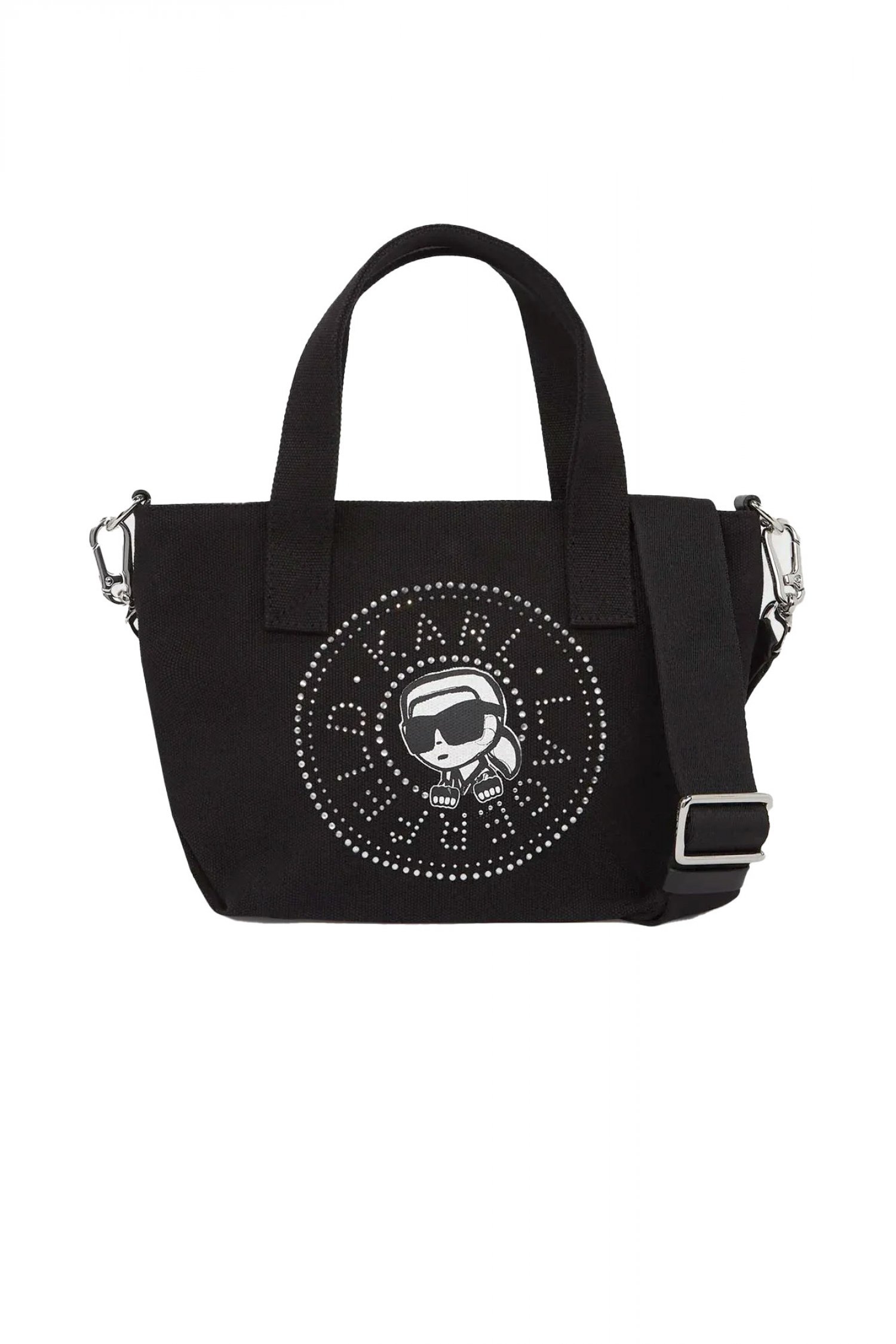 KARL LAGERFELD ΤΣΑΝΤΑ ΧΕΙΡΟΣ/CROSSBODY IKON CIRCLE RH SM SHOPPER LOGO ΣΤΡΑΣ ΜΑΥΡΟ