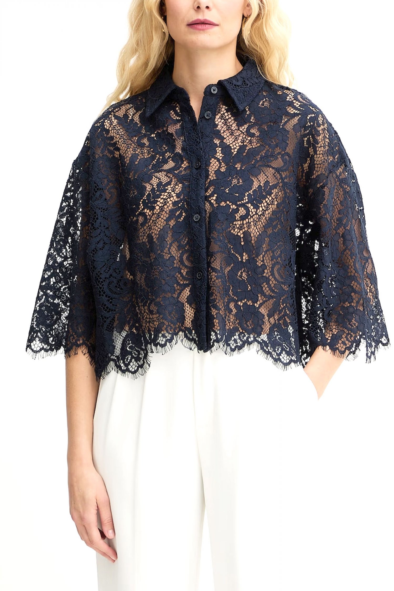 MICHAEL KORS ΠΟΥΚΑΜΙΣΟ ΔΑΝΤΕΛΑ CROPPED ΕΣΩΤΕΡΙΚΟ TOP ΜΠΛΕ