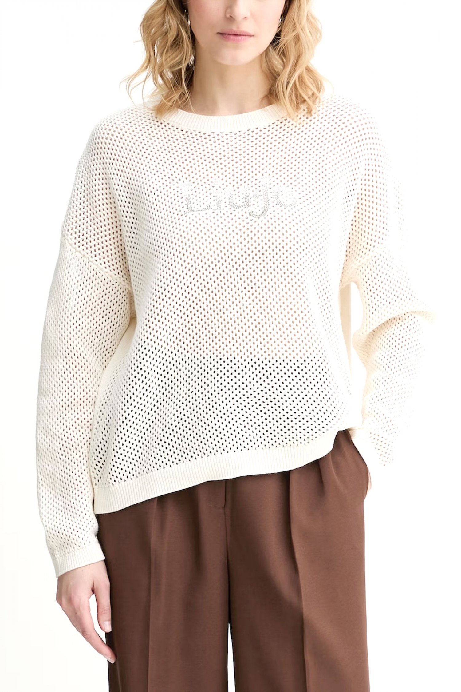 LIU-JO BETTER ΠΛΕΚΤΟ CREWNECK ΔΙΑΤΡΗΤΟ ΜΠΡΟΣΤΑ LOGO ΣΤΡΑΣ ΕΚΡΟΥ