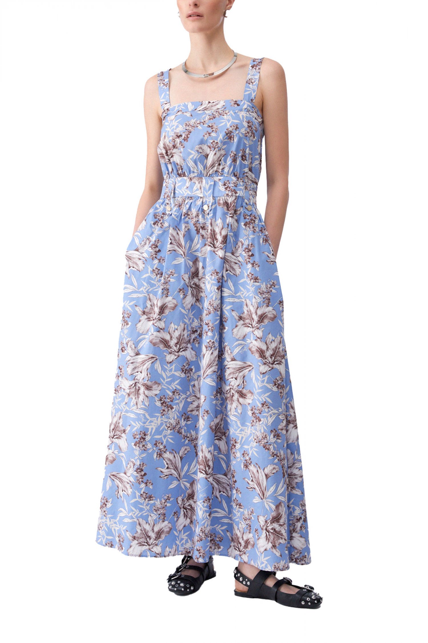 LIU-JO ΦΟΡΕΜΑ MIDI ΣΤΡΑΠΛΕΣ FLORAL ΑΠΟΣΠΩΜΕΝΗ ΖΩΝΗ ΑΠΟΣΠΩΜΕΝΕΣ ΤΙΡΑΝΤΕΣ ΣΙΕΛ