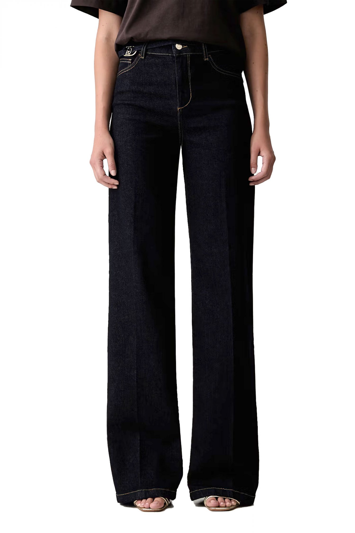 LIU-JO ΠΑΝΤΕΛΟΝΙ JEANS HIGH WAIST FLAIRED ΑΠΟΣΠΩΜΕΝΗ ΖΩΝΗ LOGO ΜΕΤΑΛΛΙΚΟ ΣΚΟΥΡΟ ΜΠΛΕ