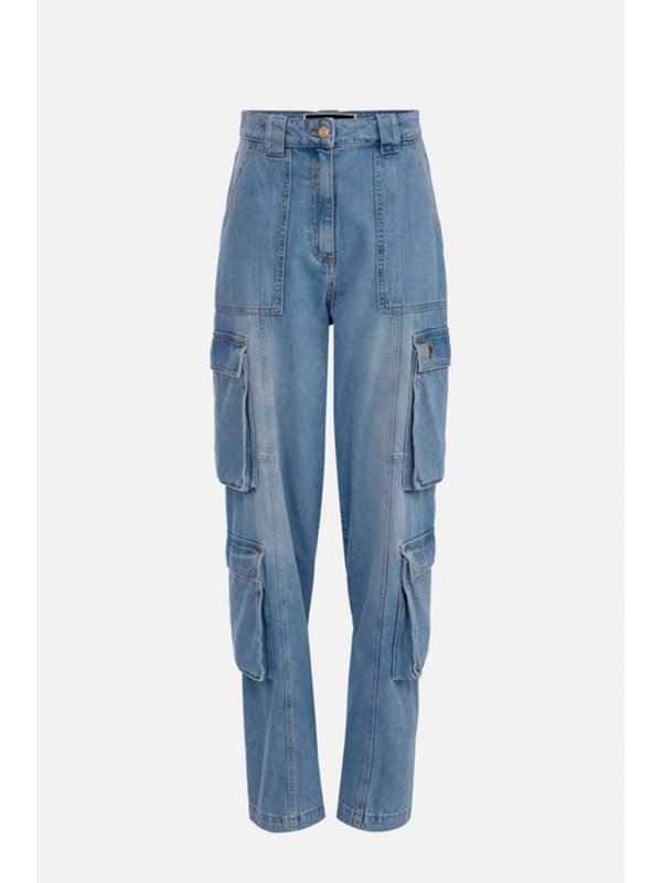 ELISABETTA FRANCHI ΠΑΝΤΕΛΟΝΙ CARGO JEANS ΧΡΥΣΕΣ ΛΕΠΤΟΜΕΡΕΙΕΣ ANOIXTO ΜΠΛΕ
