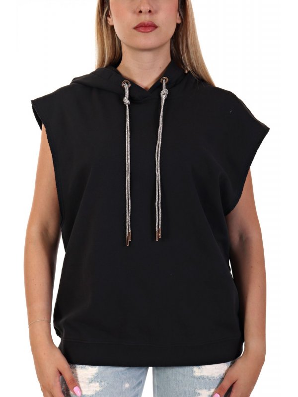 PINKO TOP HOODIE MINERVA MAGLIA FELPA LAVATA SILK ΚΟΡΔΟΝΙ ΣΤΡΑΣ ΜΑΥΡΟ